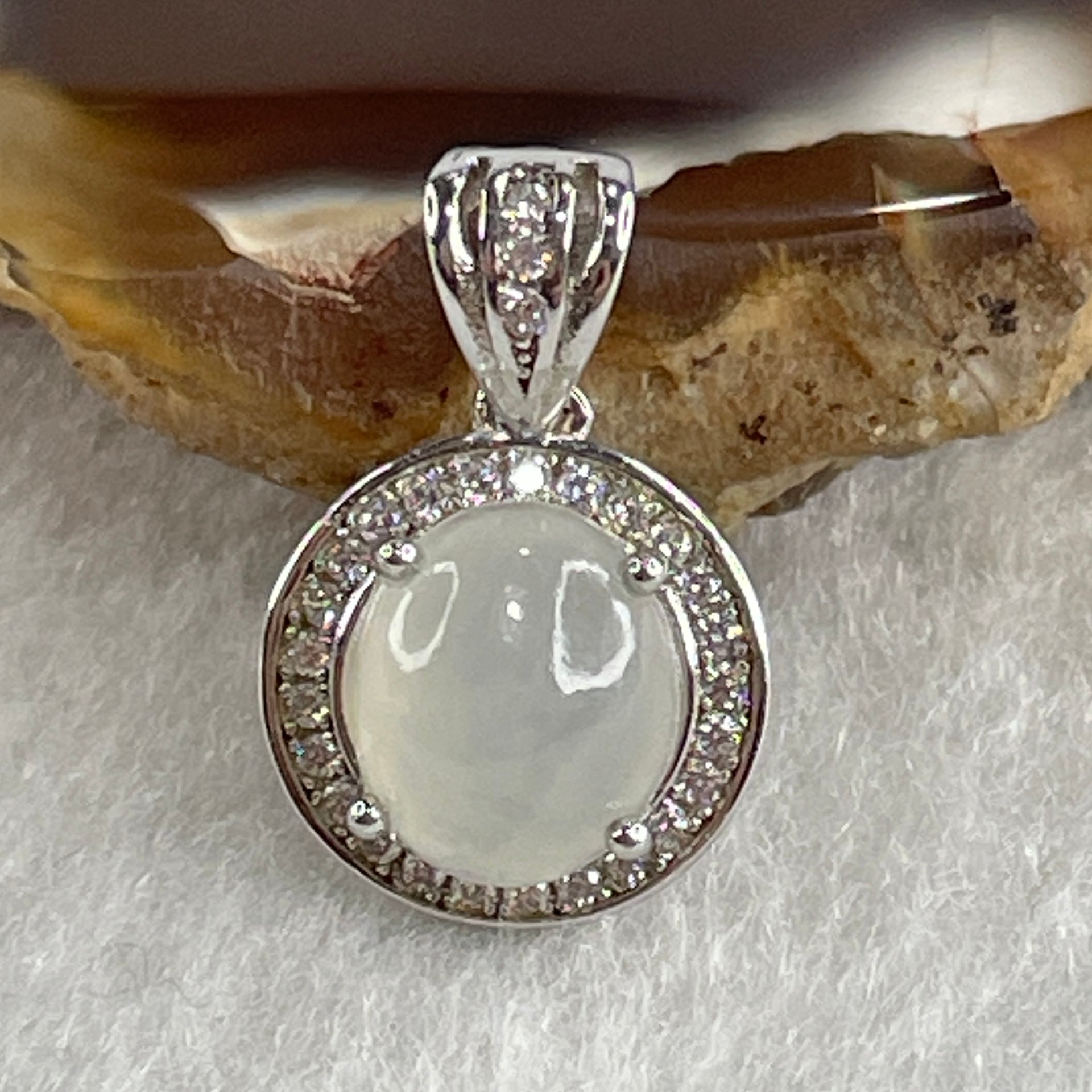 Type A Icy White Jadeite Pendant with Cubic Zirconia in S925 Sliver 1.75g 8.6 by 7.2 by 4.0mm - Huangs Jadeite and Jewelry Pte Ltd
