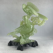 Natural Light Green Serpentine Javan Mynah Twin Birds on Flower Tree with Wooden Stand Display 1,043.4g 115.0 by 125.0 by 210.0mm - Huangs Jadeite and Jewelry Pte Ltd