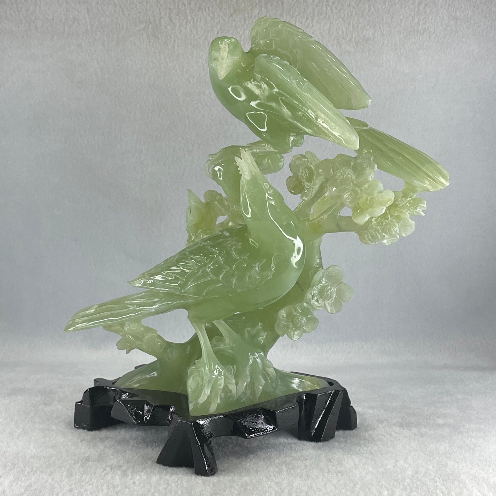 Natural Light Green Serpentine Javan Mynah Twin Birds on Flower Tree with Wooden Stand Display 1,043.4g 115.0 by 125.0 by 210.0mm - Huangs Jadeite and Jewelry Pte Ltd