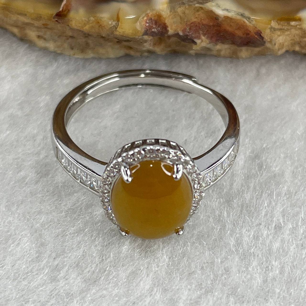 Type A Yellow Jadeite Ring in S925 Sliver with Cubic Zirconia 2.46g 10.0 by 7.5 by 3.0mm (Adjustable Size)