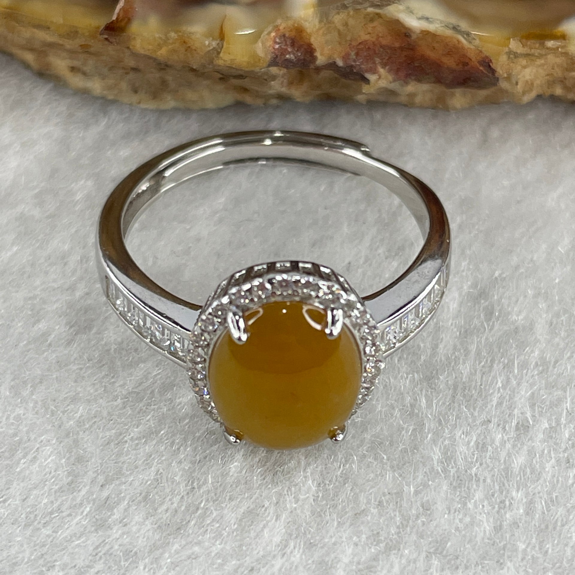 Type A Yellow Jadeite Ring in S925 Sliver with Cubic Zirconia 2.46g 10.0 by 7.5 by 3.0mm (Adjustable Size) - Huangs Jadeite and Jewelry Pte Ltd