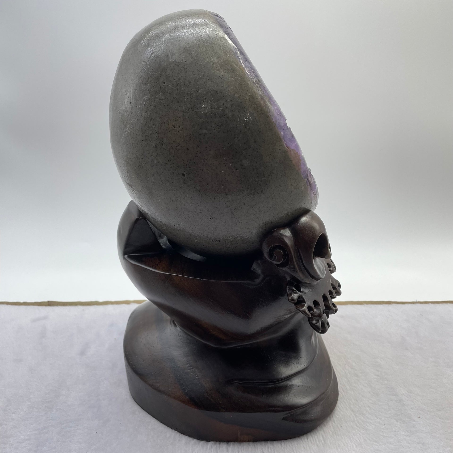 Natural Deep Purple Amethyst Egg with Wooden Stand Display Total 4,752.0g 160.0 by 155.0 by 265.0mm - Huangs Jadeite and Jewelry Pte Ltd