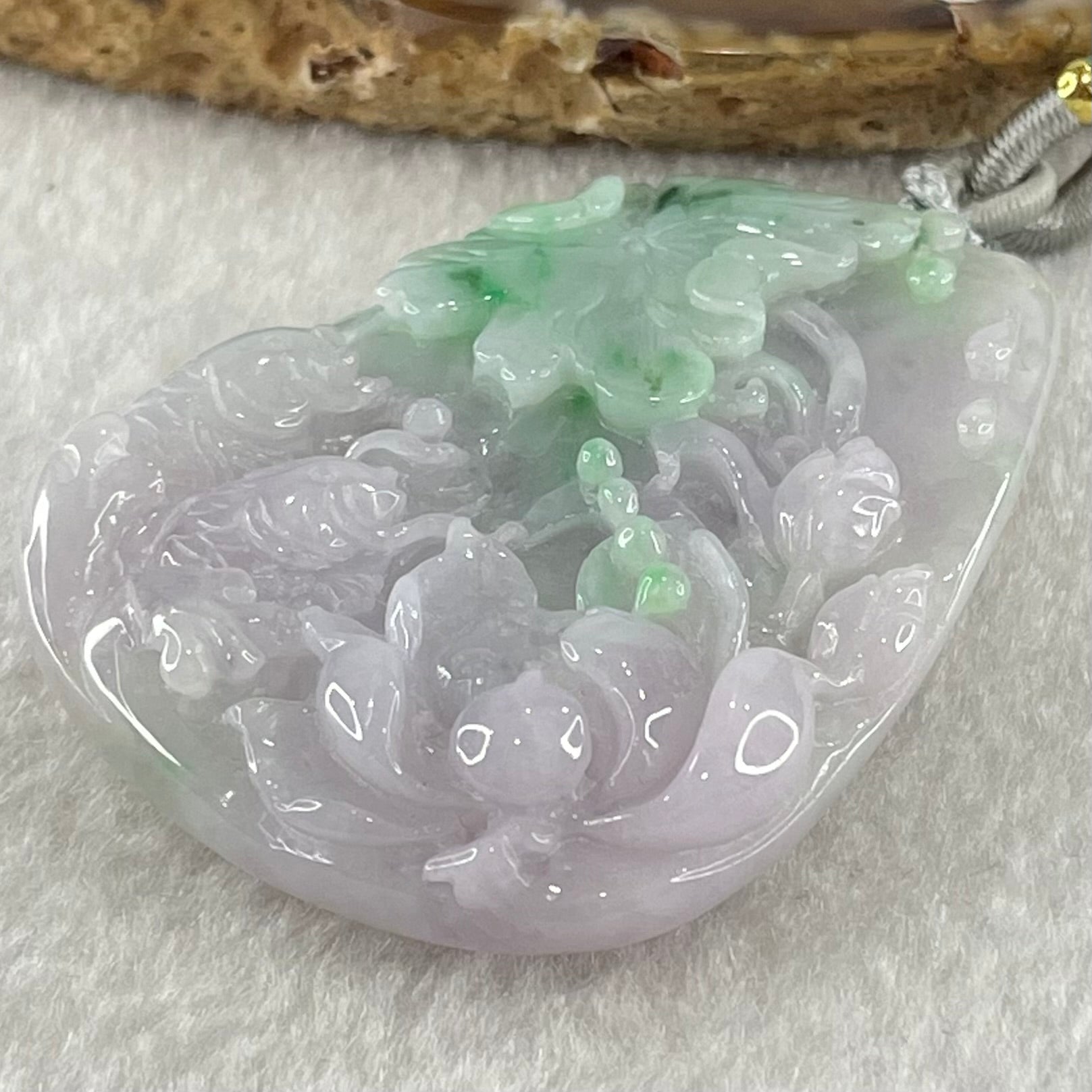 Type A Lavender with Spicy Green Patches Jadeite Lotus Flower and Double koi 51.34g 56.8 by 42.2 by 11.8mm - Huangs Jadeite and Jewelry Pte Ltd