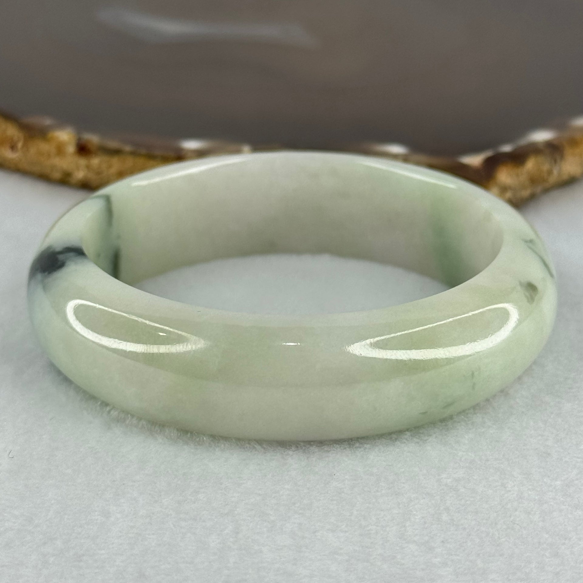 Type A Light Green with Moss Green Patches Jadeite Bangle Internal Diameter 56.5mm 75.29g 16.4 by 8.4mm (Slight Internal Line) - Huangs Jadeite and Jewelry Pte Ltd