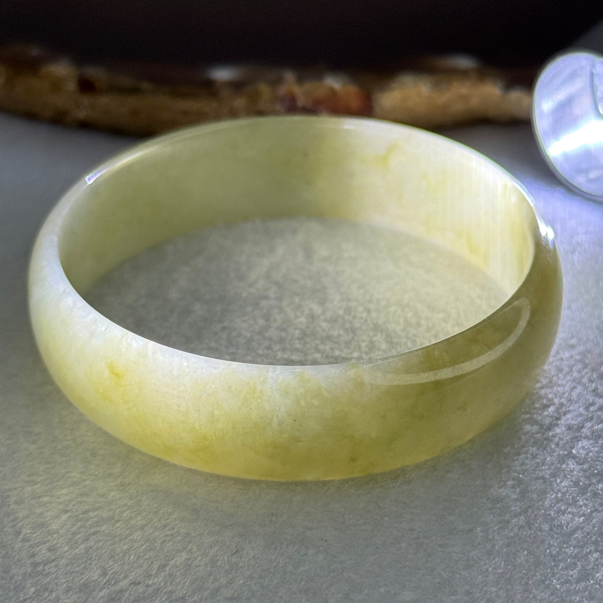 Type A Yellowish Green Jadeite Bangle Internal Diameter 52.8mm 28.01g 14.3 by 4.1mm (Slight Internal Line) - Huangs Jadeite and Jewelry Pte Ltd