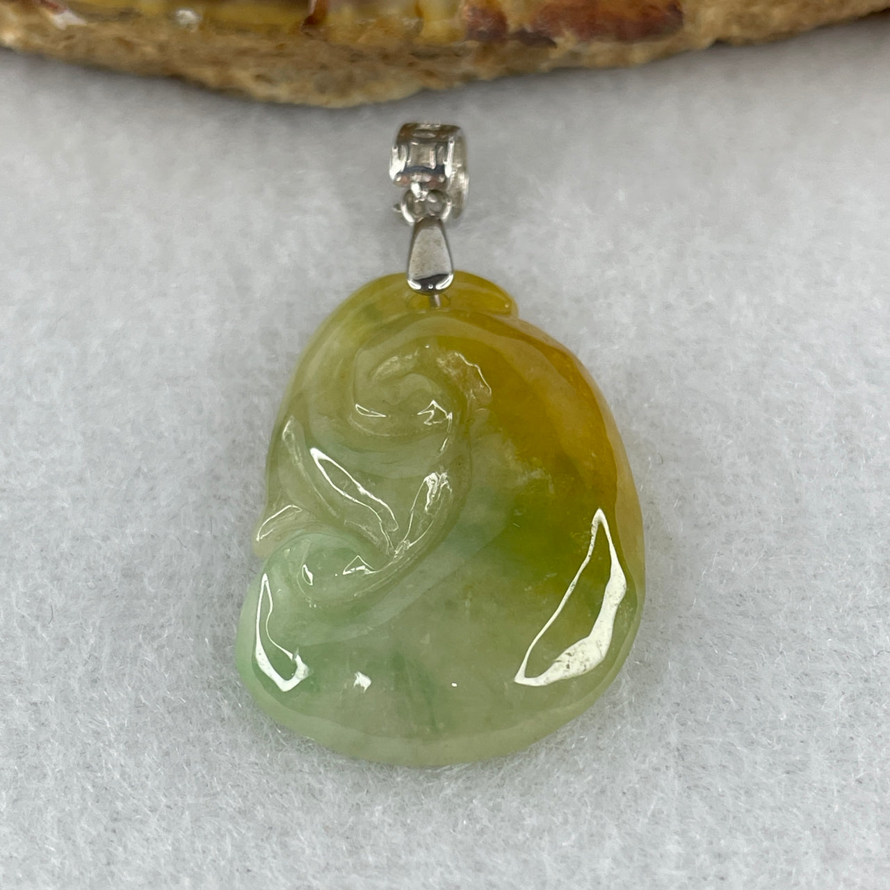 Natural Type A Green with Yellowish Piao Hua Jadeite Ruyi Pendant | S925 Sterling Silver Clasp | 100% Untreated Hand-Carved As You Desire Talisman | Solid Fei Cui Pendant (6.74g | 30.8 × 20.1 × 5.4mm)
