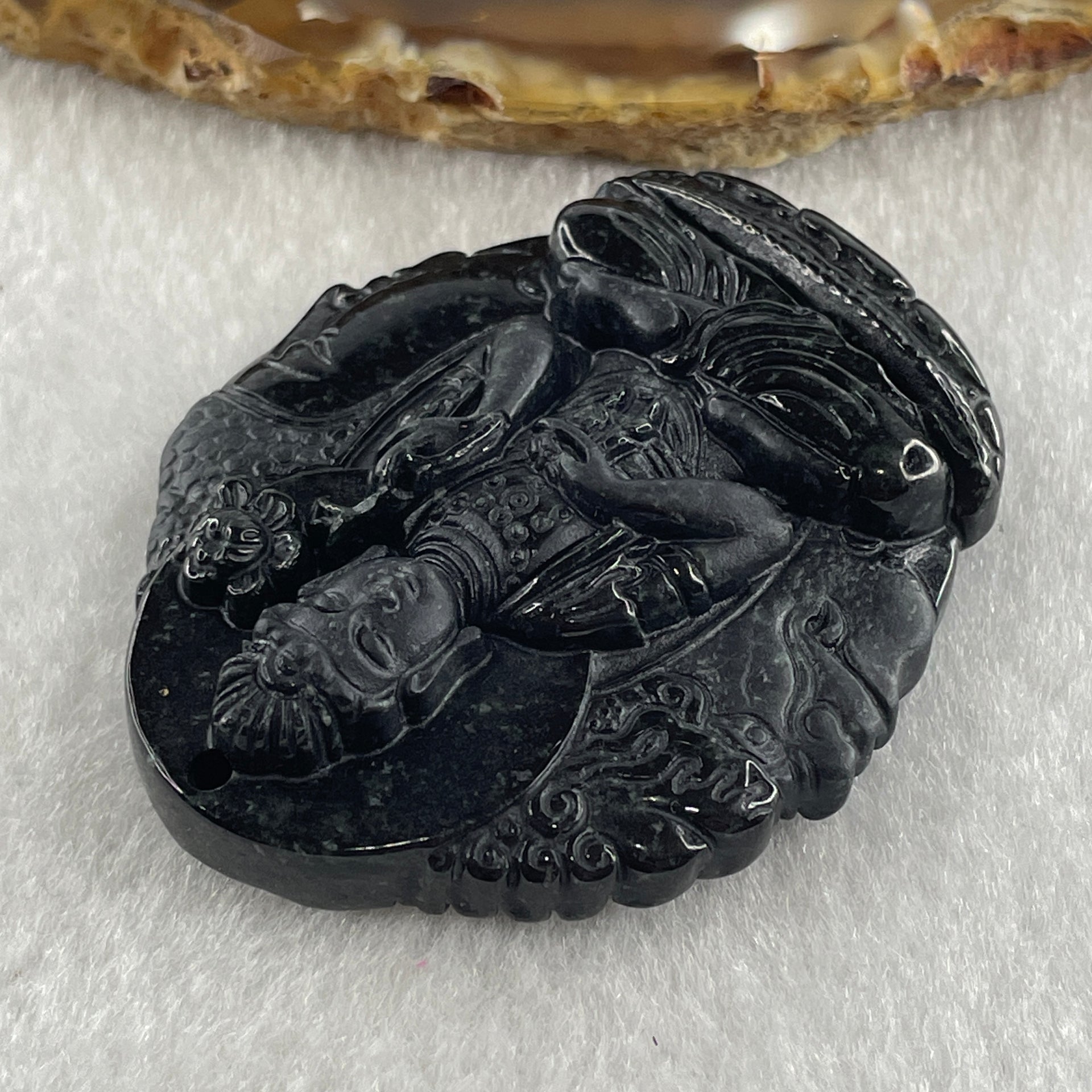 Type A Opaque Black Omphacite Jadeite Good Vs Evil Mahasthamaprapta Bodhisattva Pendant Horse Zodiac Guardian 41.32g 50.8 by 43.8 by 11.8mm - Huangs Jadeite and Jewelry Pte Ltd