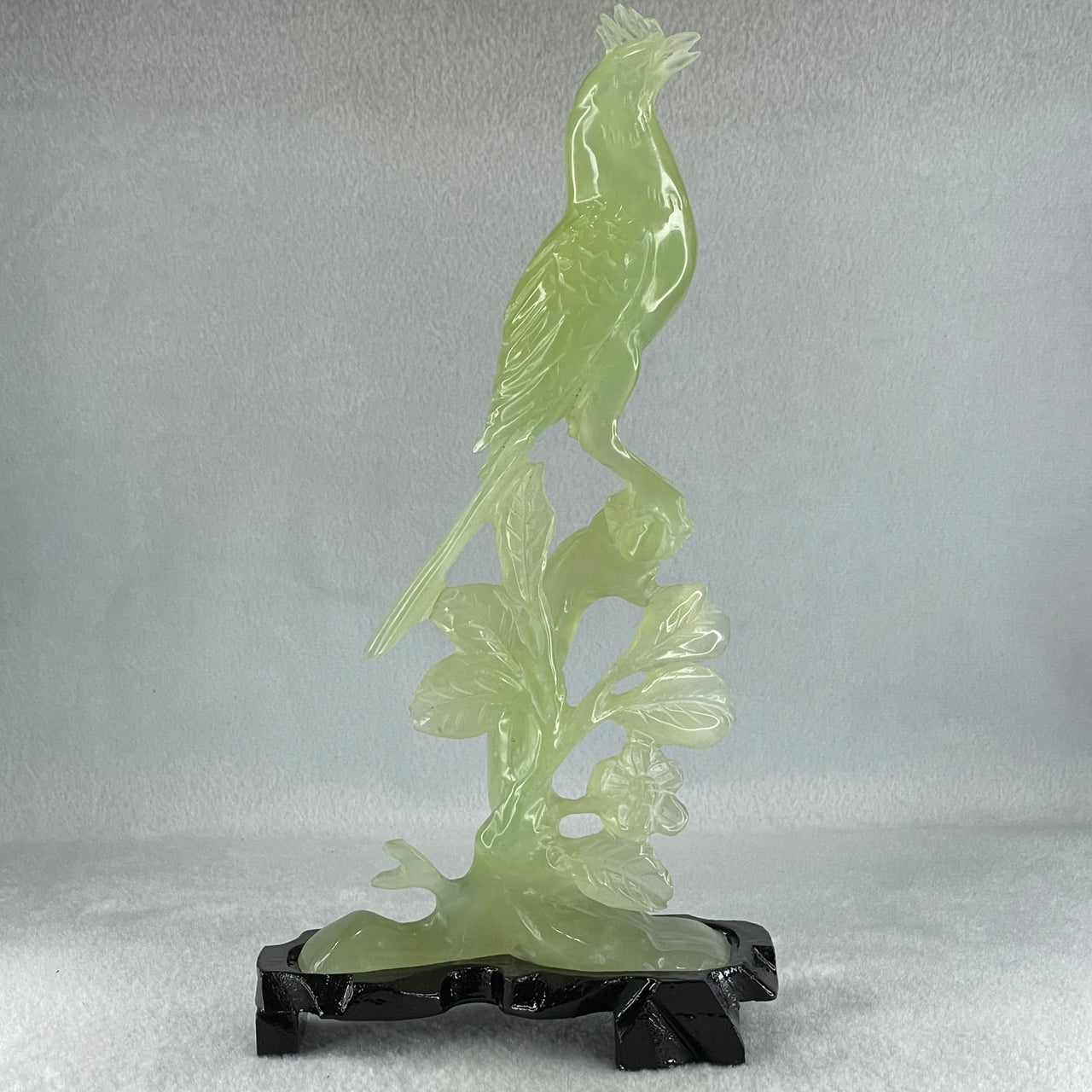 Natural Green Serpentine Javan Mynah Birds on Tree with Wooden Stand Display 388.9g 130.0 by 258.0 by 64.0mm - Huangs Jadeite and Jewelry Pte Ltd