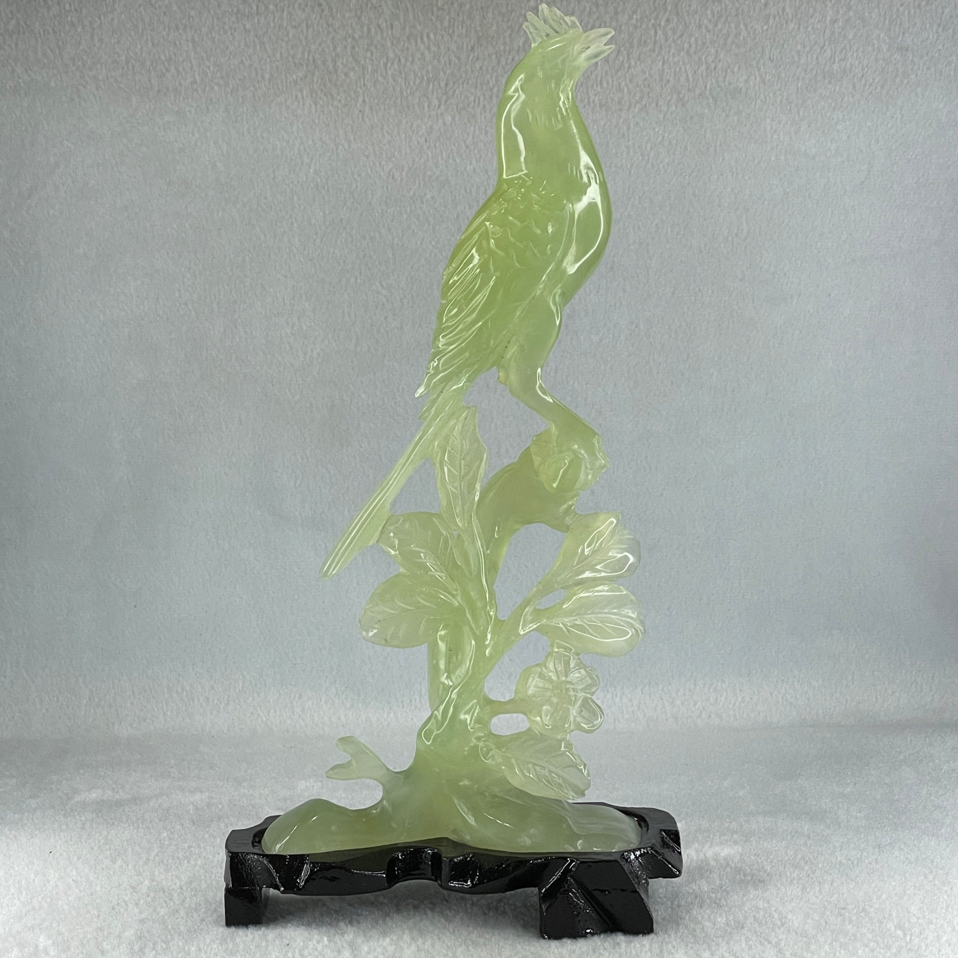 Natural Green Serpentine Javan Mynah Birds on Tree with Wooden Stand Display 388.9g 130.0 by 258.0 by 64.0mm - Huangs Jadeite and Jewelry Pte Ltd