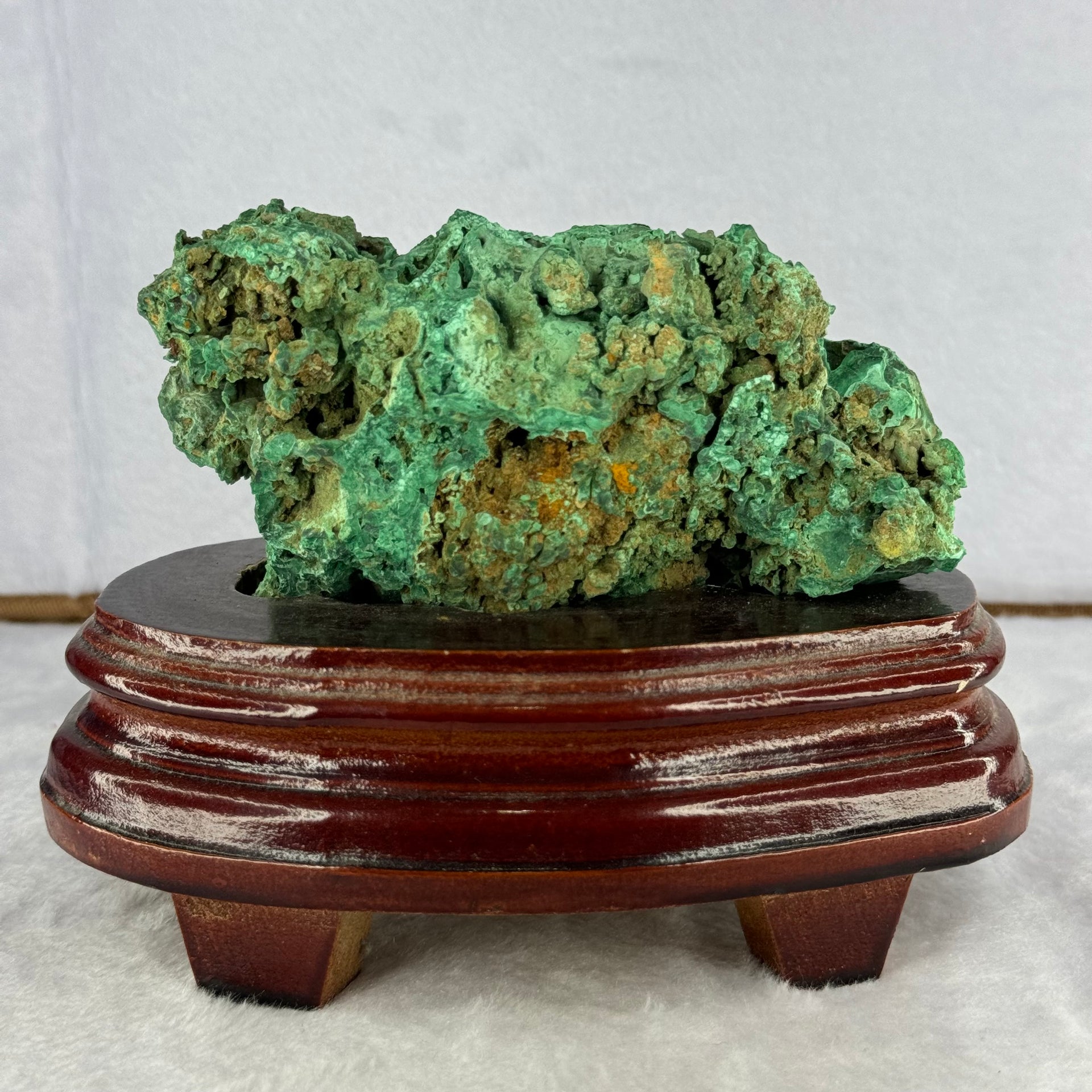 Natural Malachite Raw Stone Specimen Display in Wooden Stand 1,045.7g 160.0 by 114.1 by 12.0mm - Huangs Jadeite and Jewelry Pte Ltd