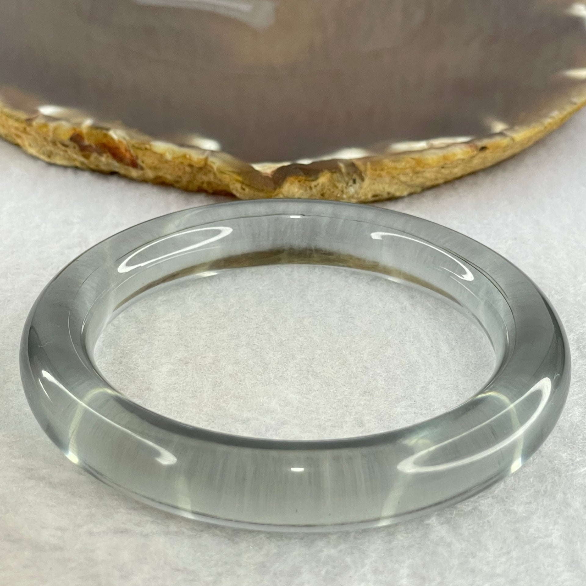Translucent Clear Grey Crystal Bangle Internal Diameter 59.2mm 60.95g 11.9 by 11.2mm (Internal Line) - Huangs Jadeite and Jewelry Pte Ltd