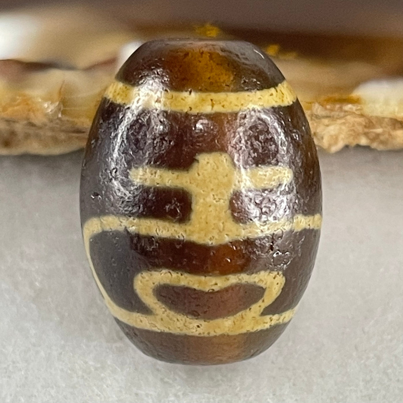 Natural Powerful Tibetan Old Oily Agate Double Nectar Vessel Dzi Bead Heavenly Master (Tian Zhu) 双花蜜容器眼天 6.08g 19.8 by 14.8mm - Huangs Jadeite and Jewelry Pte Ltd