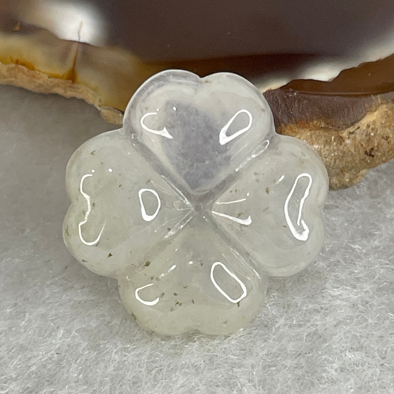 Natural Type A Near White Jadeite Pendant | 18mm Carved Four Leaf Clover Lucky Charm Icy Alabaster Jade Amulet (2.24g 18.0x4.0mm)