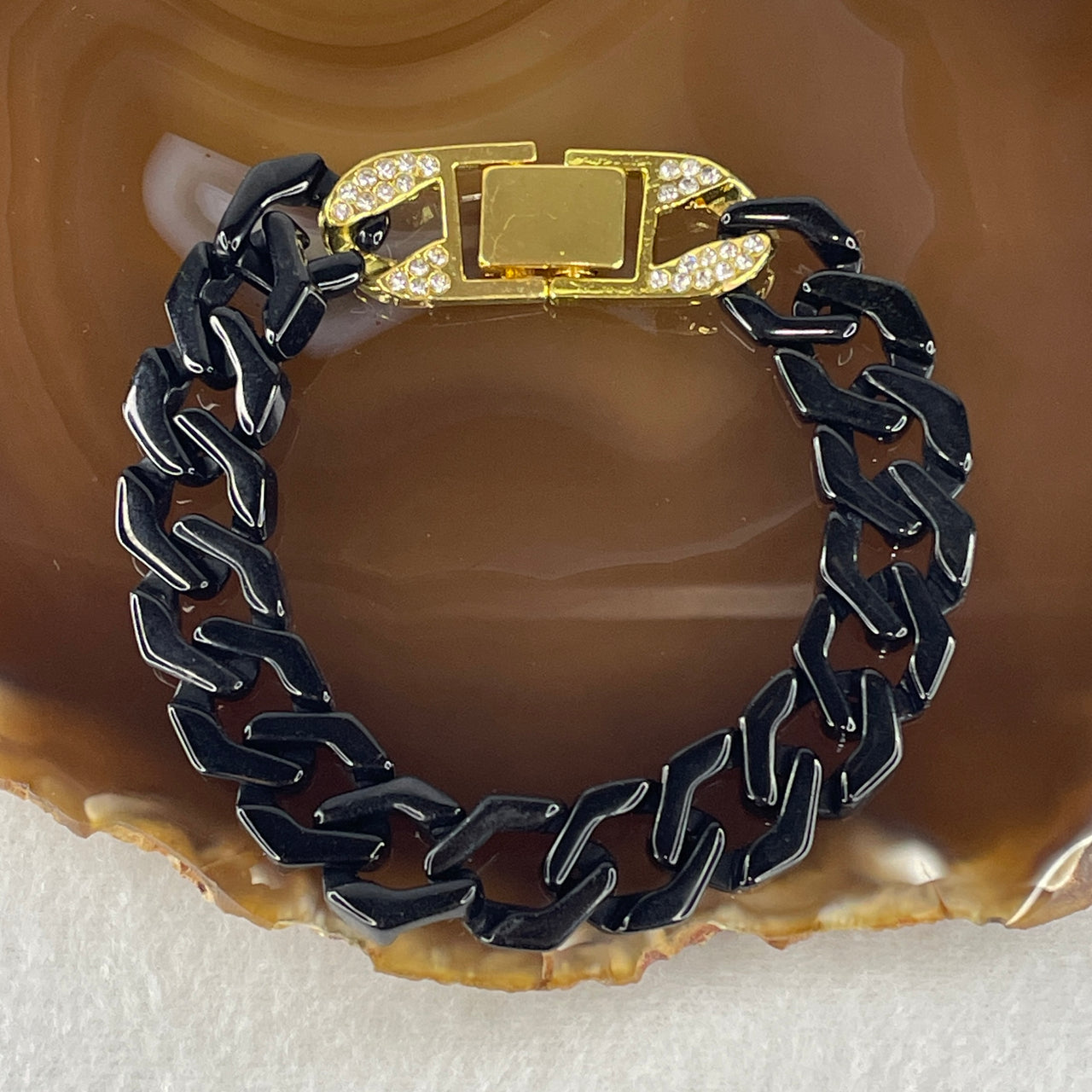 Certified Natural Type A Black Omphacite Jadeite Cuban Tennis Bracelet with Gold Color and Cubic Zirconia Clap 28.81g Up to 19cm 14.0 by 5.0mm 17 Pcs