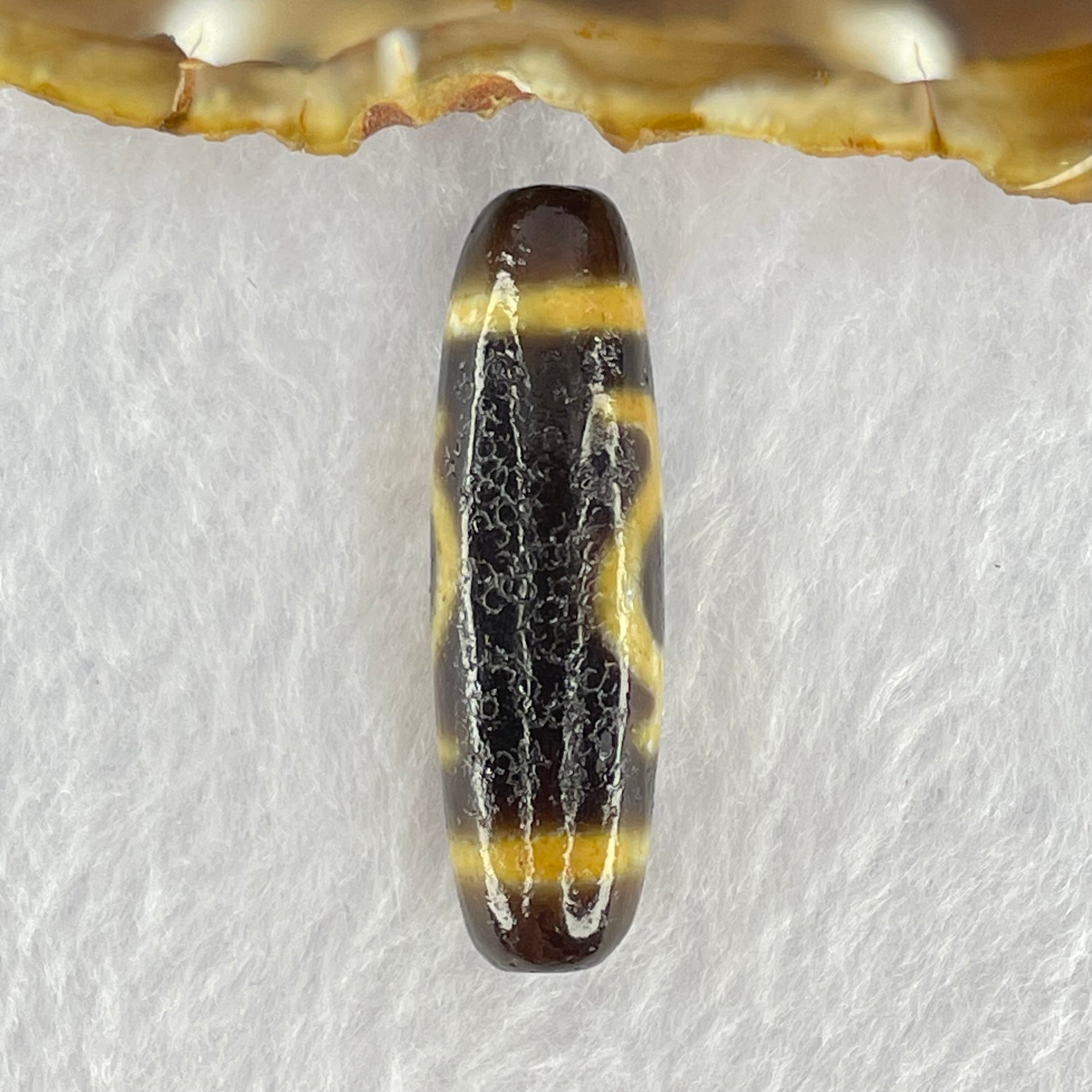 Natural Powerful Tibetan Old Oily Brown Yellowish White Agate Green Tara Dzi Bead Heavenly Master (Tian Zhu) 绿度母天珠 7.47g 38.2 by 11.6mm - Huangs Jadeite and Jewelry Pte Ltd