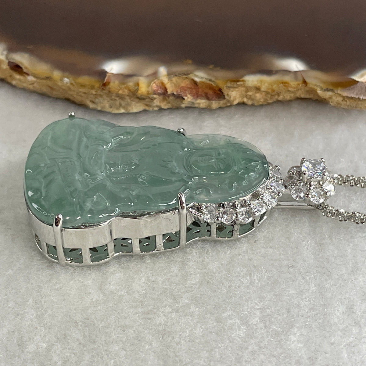 Natural Type A Icy Blueish Green Jadeite Guanyin Pendant Necklace in S925 Silver | (23.44g | 59cm S925 | 39.5 x 25.0 x 2.5mm | Compassion, Peace & Lifelong Protection Anchor, Feng Shui Guardian) - Huangs Jadeite and Jewelry Pte Ltd