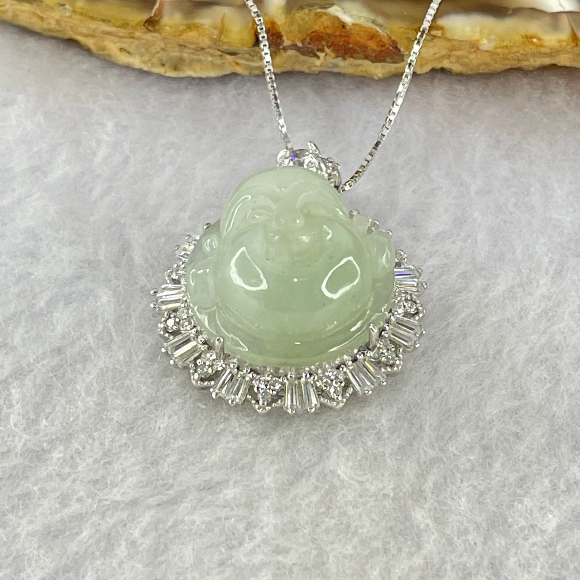 Type A Faint Green Milo Buddha with Crystals in S925 Sliver Pendant and Necklace 7.61g 16.2 by 16.2 by 8.5mm - Huangs Jadeite and Jewelry Pte Ltd