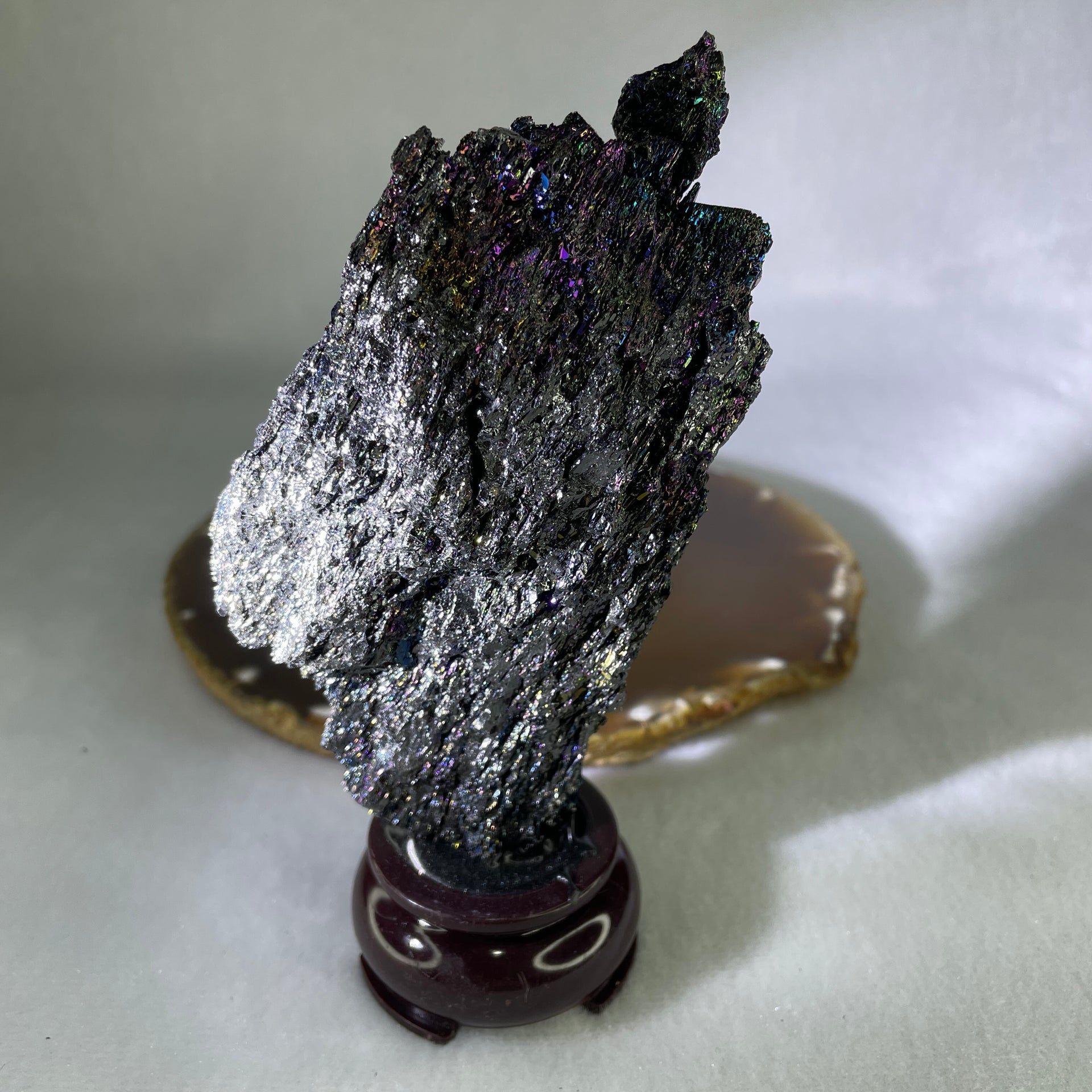 Natural Black Moissanite Rough Display with Wooden Stand 205.68g 70.7 by 45.0 by 132.5mm - Huangs Jadeite and Jewelry Pte Ltd