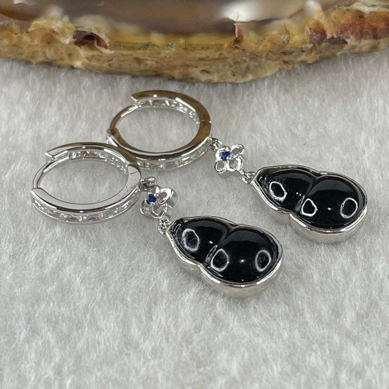 Type A Fully Translucent Black Omphacite Jadeite Hulu 11.9 by 7.4 by 2.5mm with Cubic Zirconia in S925 Silver Earrings 4.34g - Huangs Jadeite and Jewelry Pte Ltd