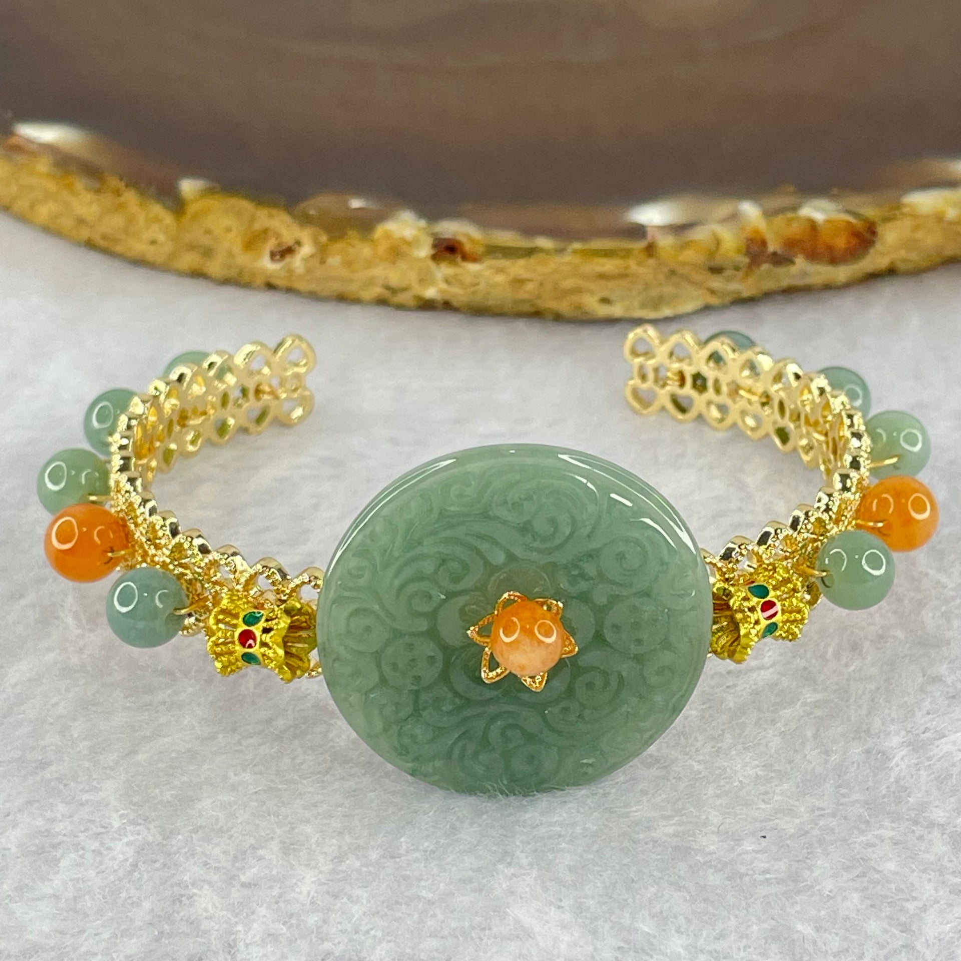 Type A Blueish Green Jadeite Floral Ping An Kou and Beads 18.64g 27.9 by 3.9mm 6.0mm 10 Beads - Huangs Jadeite and Jewelry Pte Ltd