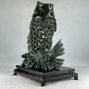 Natural Dark Green Serpentine Carp Fish with Wooden Stand Display 1,215.0g 160.0 by 120.0 by 230.0mm - Huangs Jadeite and Jewelry Pte Ltd