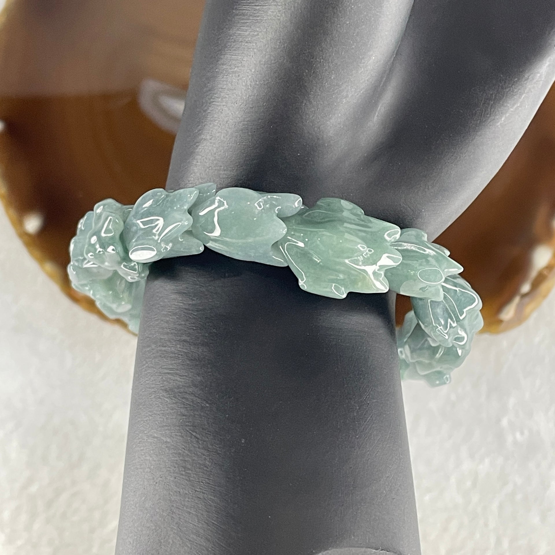 Certified Natural Type A Blueish Green Jadeite Dragon Bracelet 55.07g 16.5cm 16.0mm Dragon Head - 14.0mm 13 Pcs - Huangs Jadeite and Jewelry Pte Ltd
