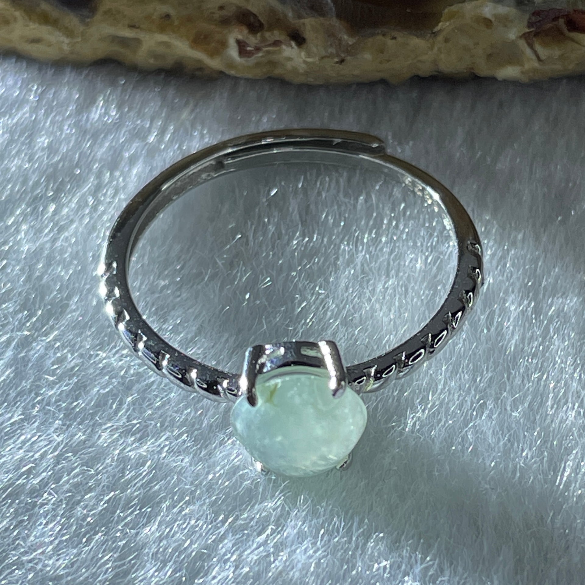 Natural Type A Semi Icy Faint Green Jadeite Oval Shape Cabouchon in S925 Silver Ring (Adjustable Size) 1.47g 7.4 by 6.5 by 4.5mm - Huangs Jadeite and Jewelry Pte Ltd