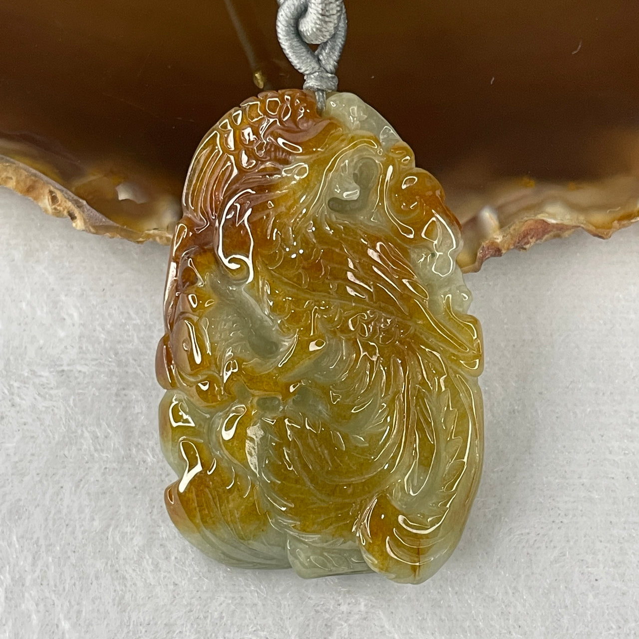 Certified Natural Type A Imperial Brownish Yellow & Green Jadeite Phoenix Pendant | Masterpiece Deep High-Relief Hand-Carving | Ultimate Myanmar Feicui Transformation & Sovereign Wealth Amulet (22.85g | 45.4x31.0x8.9mm)