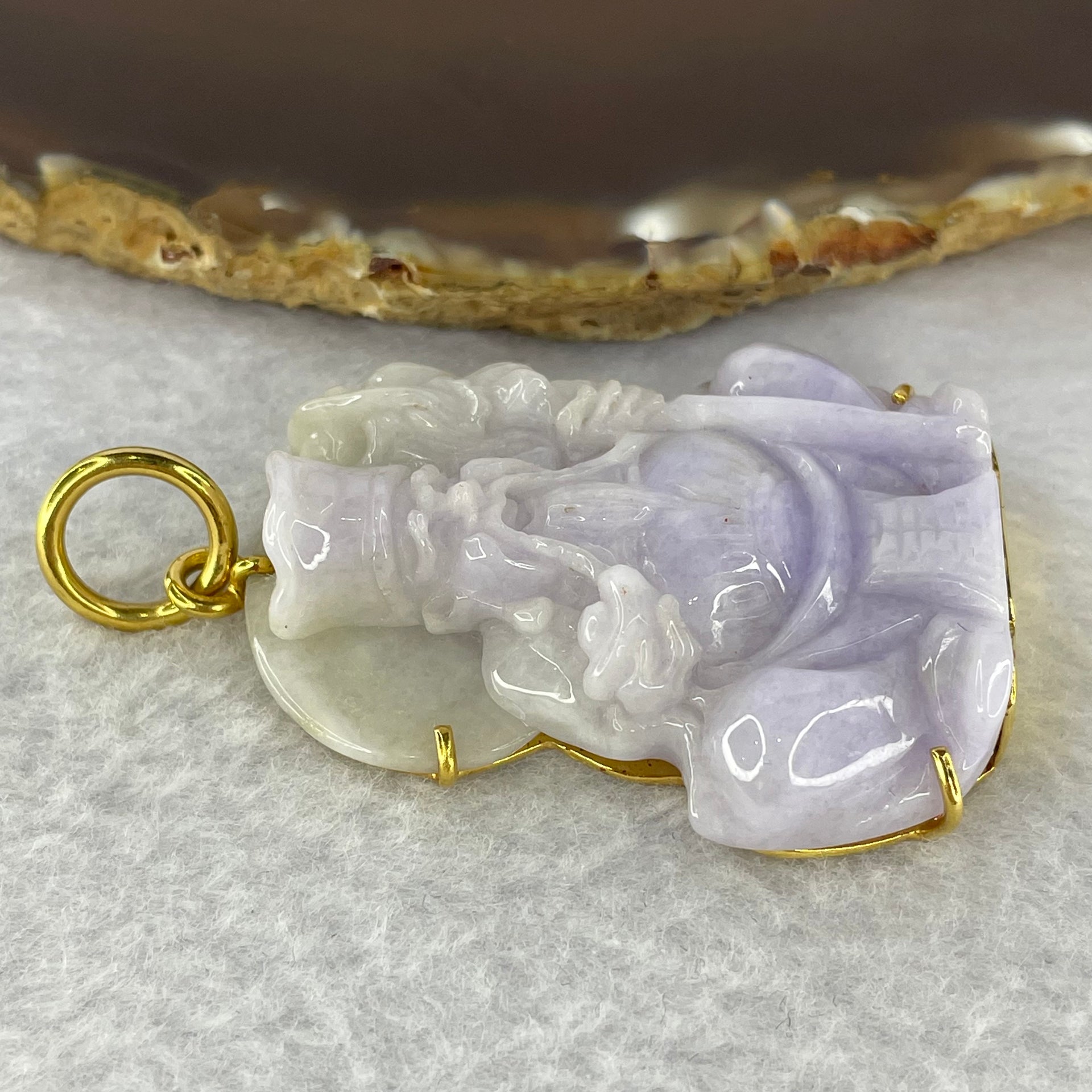 Pre-Love Type A Lavender Jadeite Tu Di Gong in 916 Yellow Gold Setting Large Clasp Inner Diameter 9.3mm suitable for very thick Gold Chain - Huangs Jadeite and Jewelry Pte Ltd