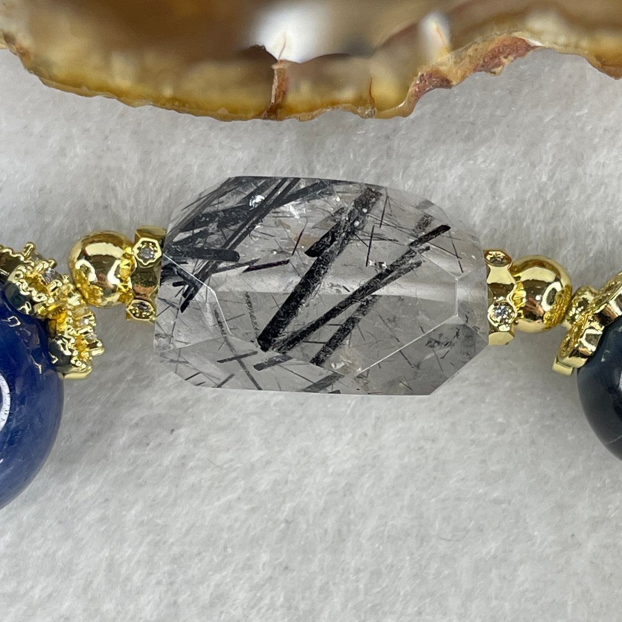 Natural Blue Kyanite, Black Rutile, Pietersite & Blue Tiger Eye, Aquamarine, Smoky Quartz, Clear Quartz, Onyx Bracelet | 15cm Tailored Strand | 9-Piece Large-Scale "Midnight Tempest" Oceanic Statement Cluster with Gold Accents (41.33g, 10.4-16.7mm)
