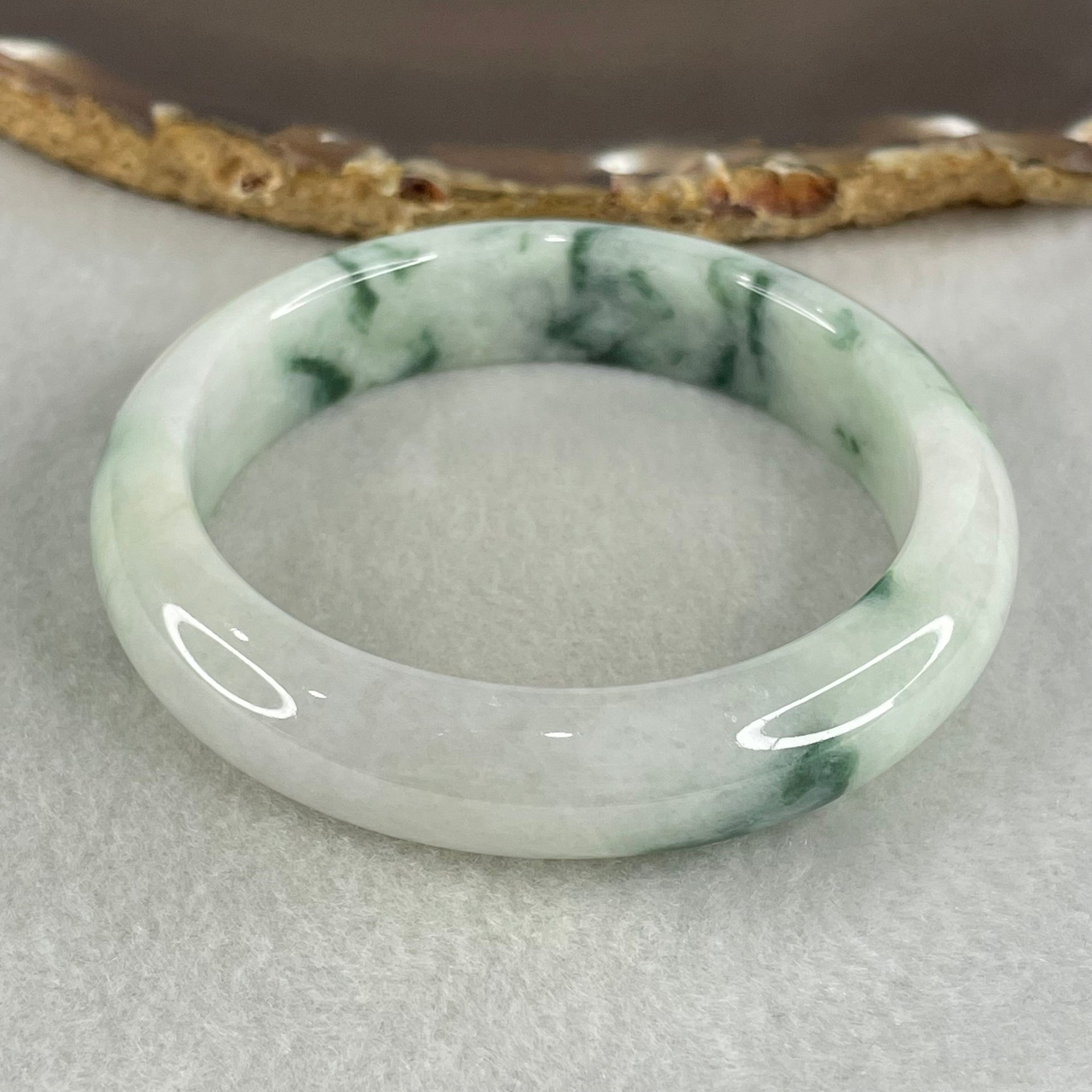 Type A Light Green Light Lavender with Green piao Hua Floral Jadeite Bangle 55.86g Inner Diameter 55.2mm 13.0 by 8.9mm (Very Slight Internal Lines) - Huangs Jadeite and Jewelry Pte Ltd