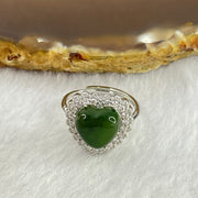 Natural Green Nephrite with Crystals In S925 Sliver Ring  (Adjustable Size) 2.92g 10.4 by 10.0 by 5.0mm - Huangs Jadeite and Jewelry Pte Ltd