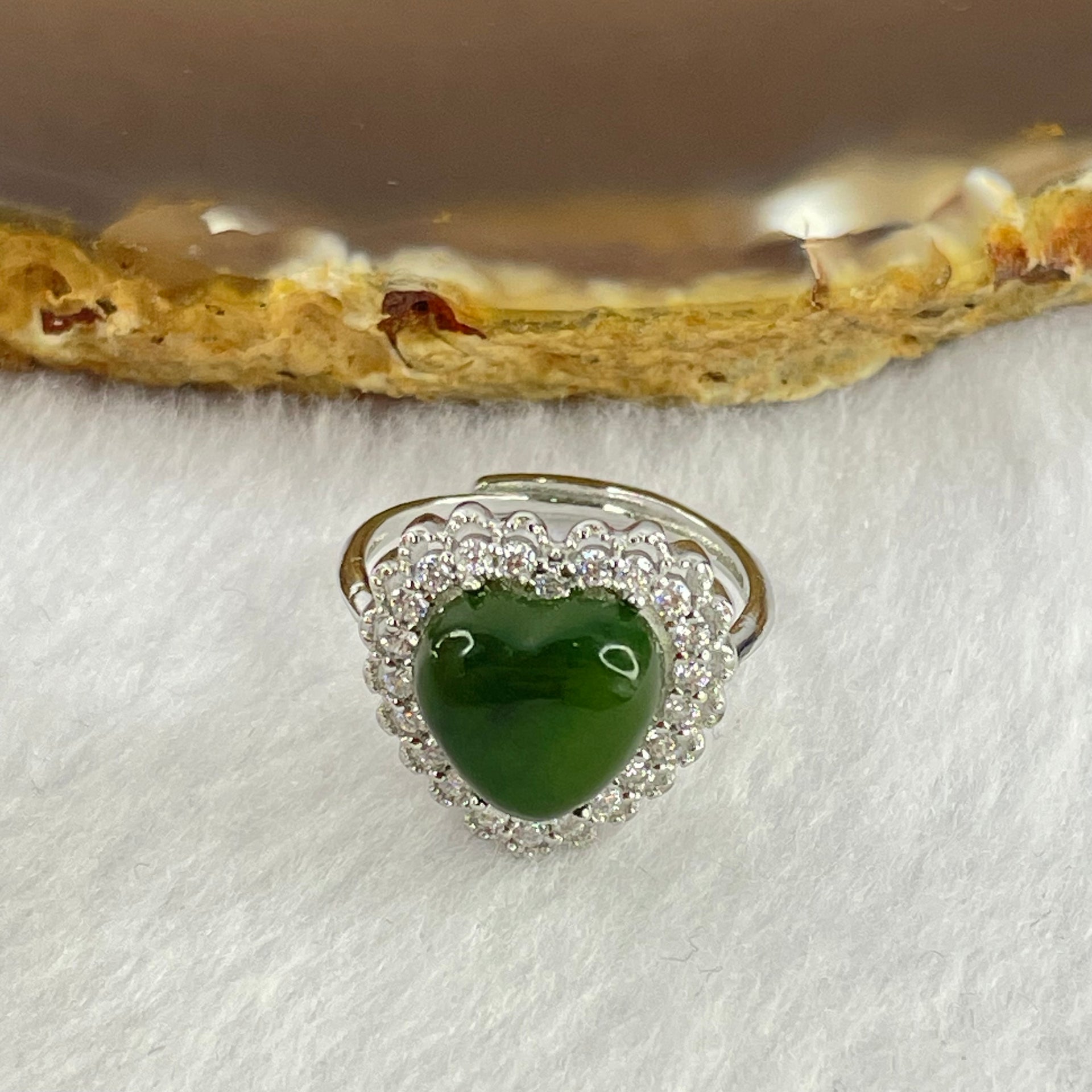 Natural Green Nephrite with Crystals In S925 Sliver Ring  (Adjustable Size) 2.92g 10.4 by 10.0 by 5.0mm - Huangs Jadeite and Jewelry Pte Ltd