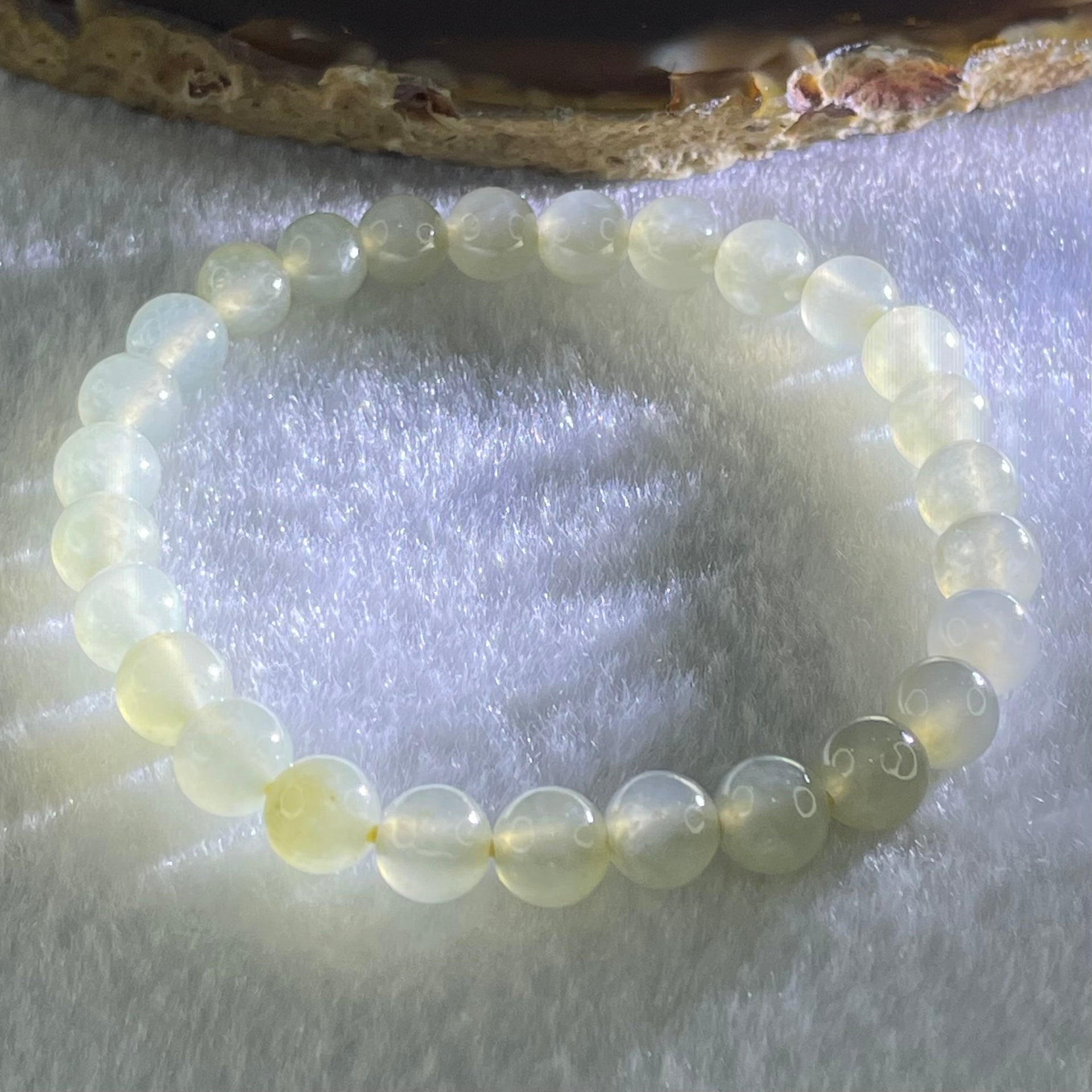 Type A Semi Icy Light Yellowish Blueish Green Jadeite Beads Bracelet 13.73g 14.5cm 6.8mm 27 Beads - Huangs Jadeite and Jewelry Pte Ltd