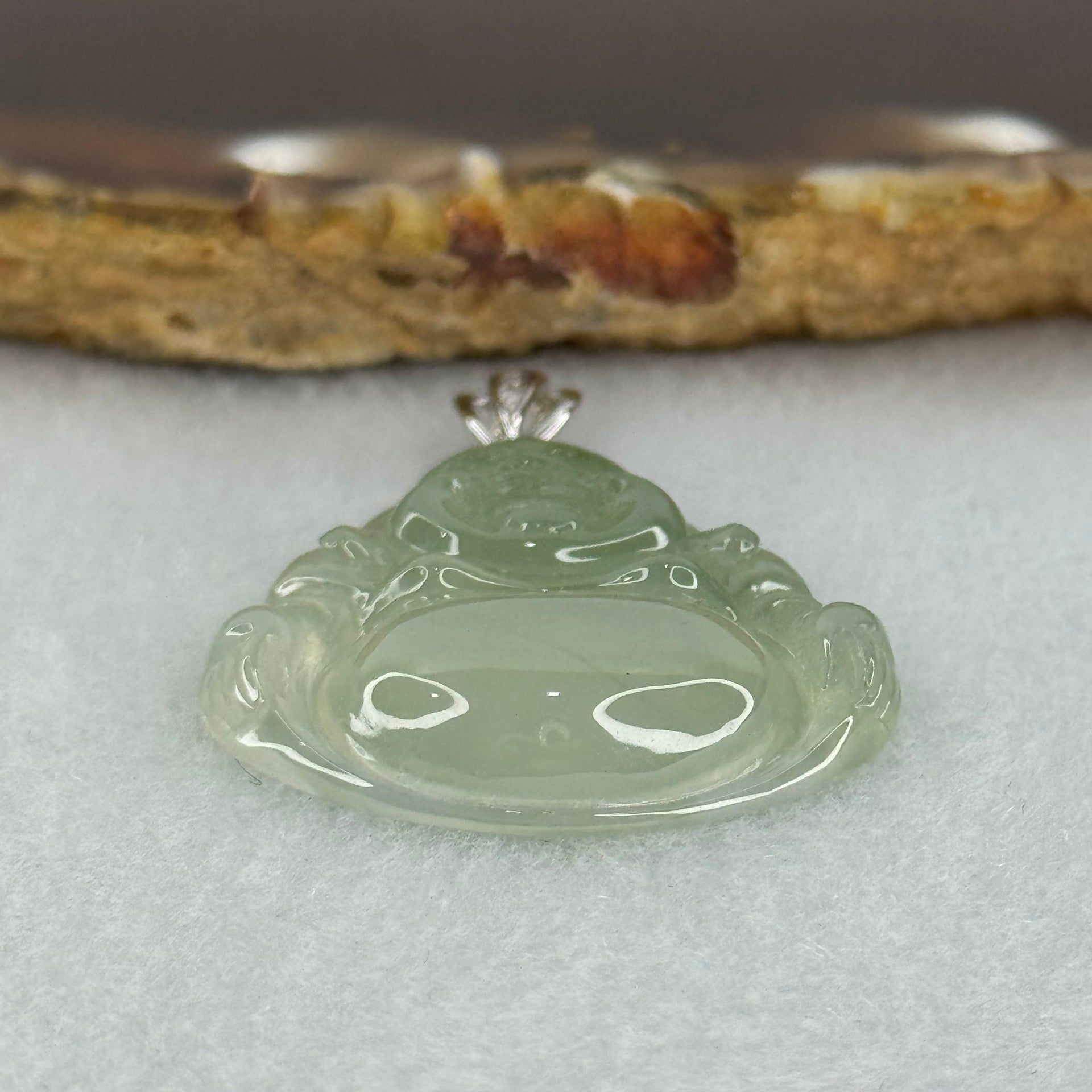 18K 750 White Gold Type A Icy Light Green Jadeite Milo Buddha with Diamonds Pendant 6.71g 26.6 by 28.0 by 6.0mm - Huangs Jadeite and Jewelry Pte Ltd