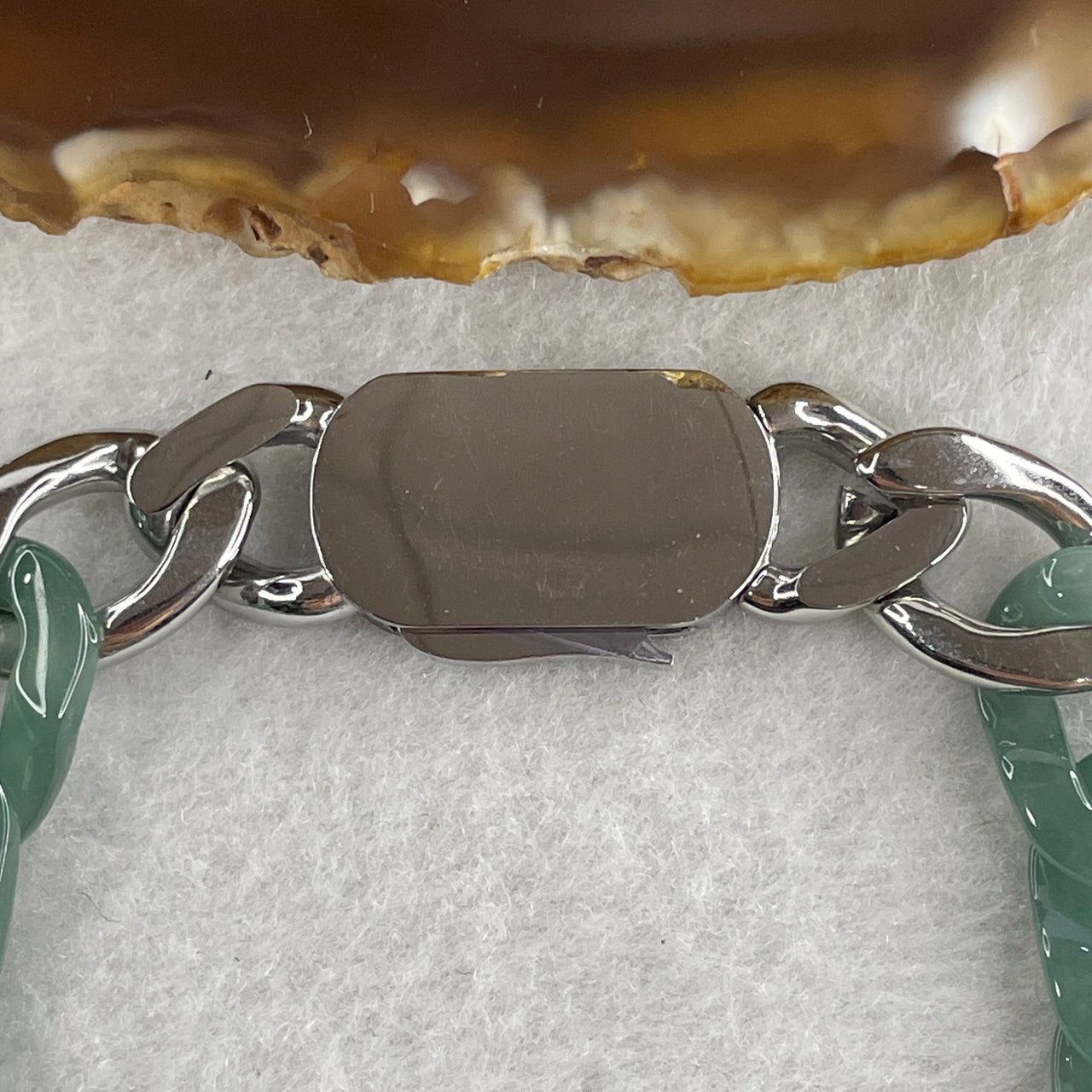 Certified Natural Type A Semi Icy Blueish Green Jadeite Cuban Tennis Bracelet with Metal Clap 25.88g 18cm 11.6 by 16.4 by 3.7mm 16 Pcs