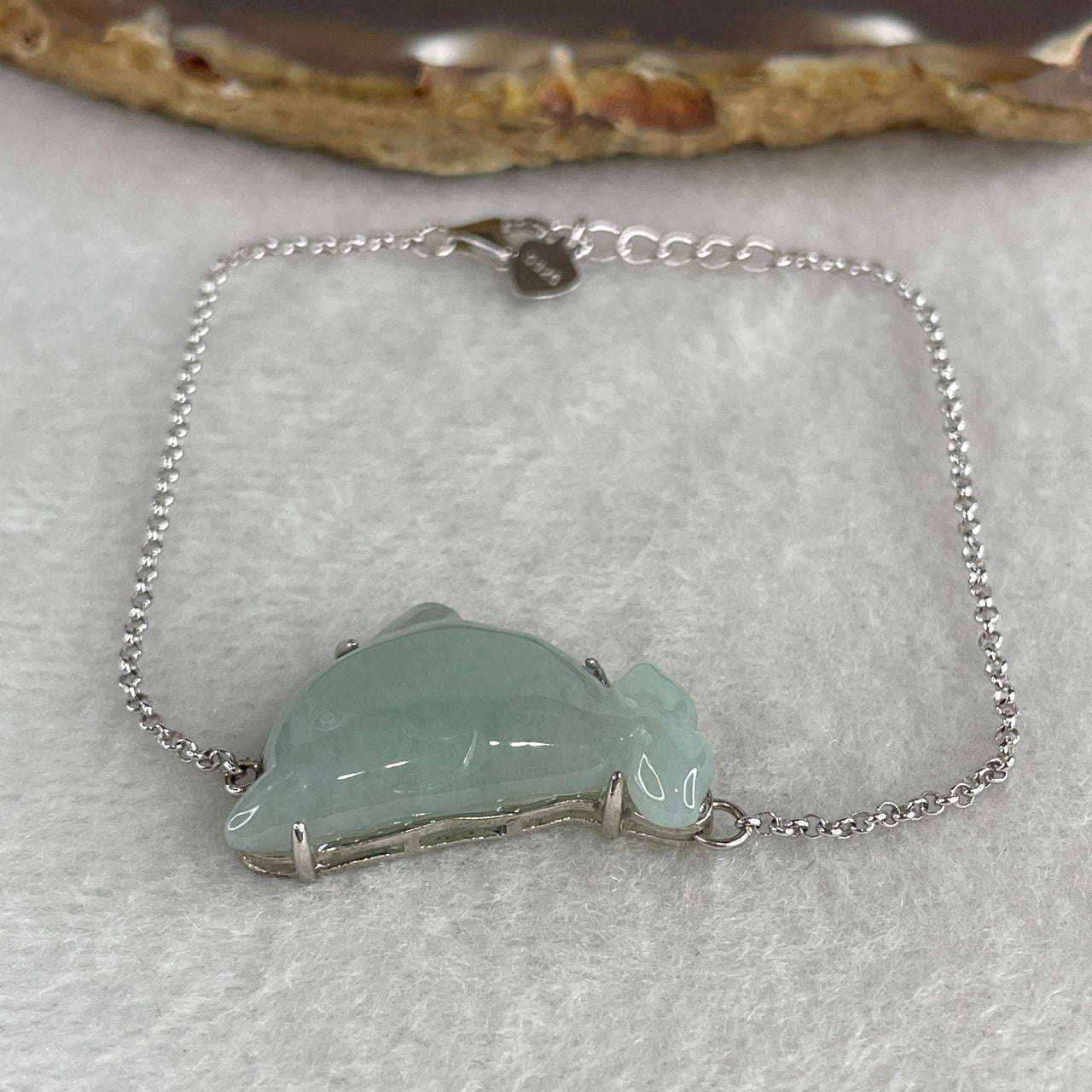 Type A Light Blueish-Green Jadeite Dolphin Charm Bracelet | Solid S925 Sterling Silver Setting | Adjustable 14-16cm Wrist Fit | "Glacial Depths" Freedom & Protection Amulet (5.75g 26.5x18.1x5.5mm)