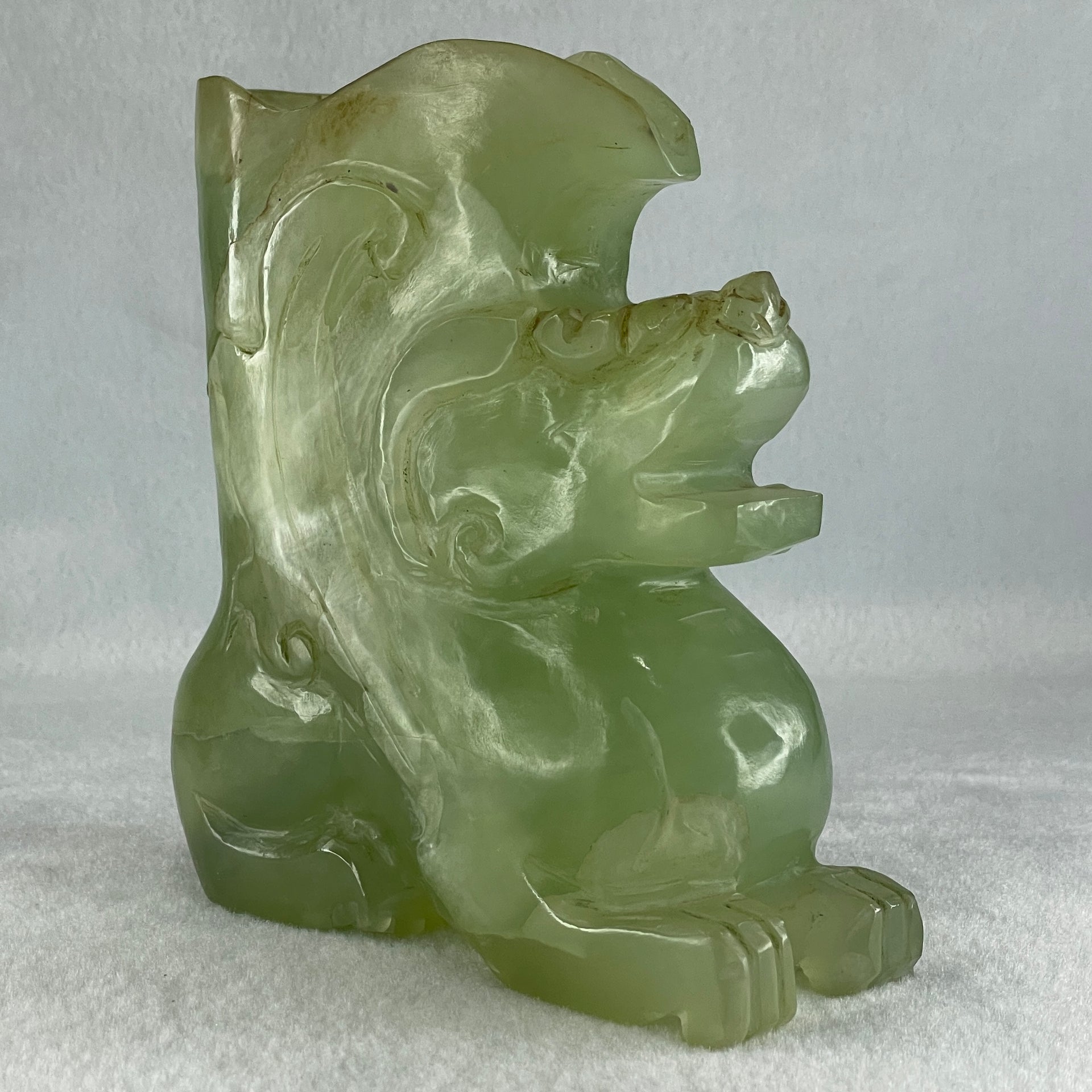 Natural Green Serpentine Pixiu Vase Display 989.6g 130.0 by 48.0 by 135.0mm - Huangs Jadeite and Jewelry Pte Ltd
