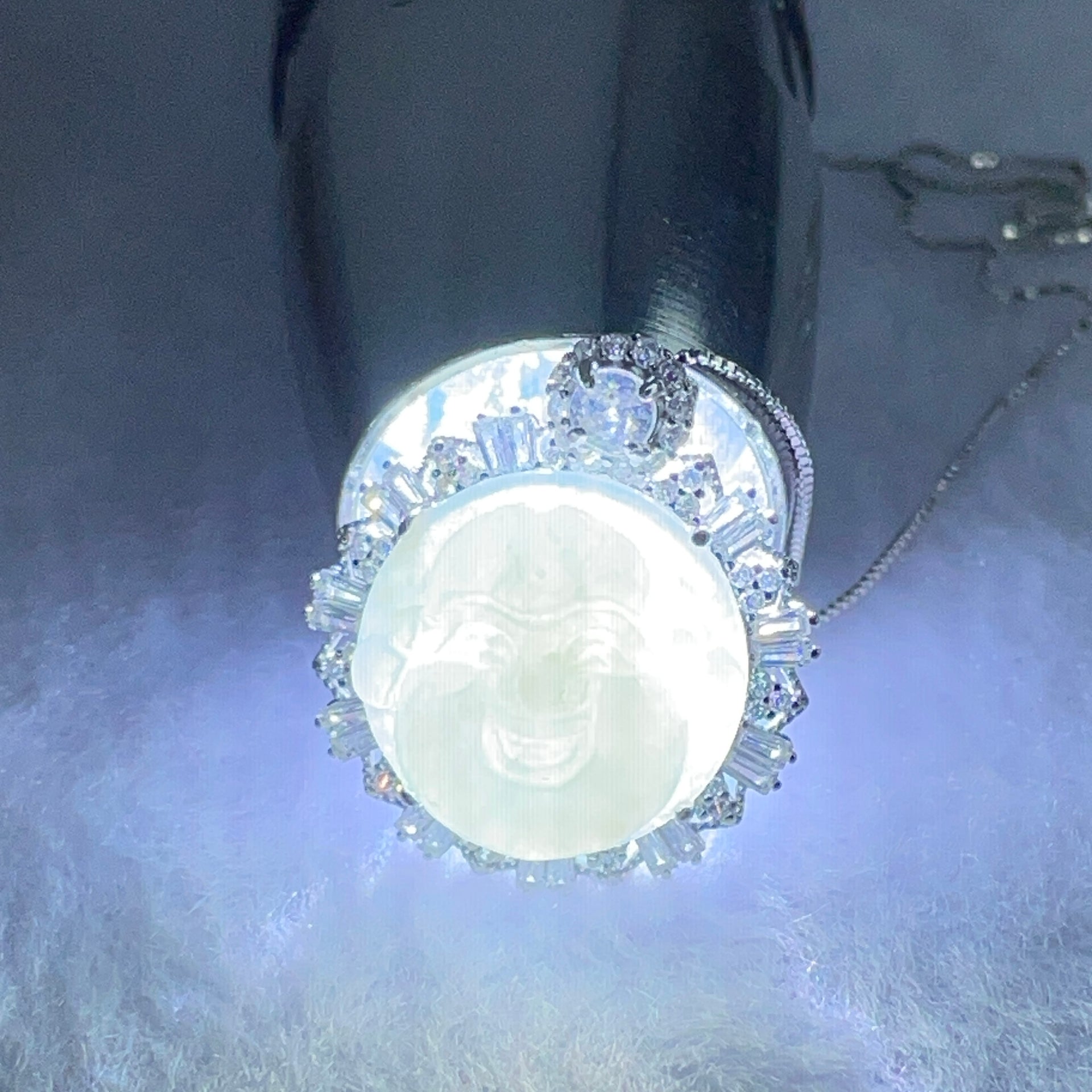 Type A Faint Green Lavender Milo Buddha with Crystals in S925 Sliver Pendant and Necklace 7.05g 16.6 by 16.6 by 8.0mm - Huangs Jadeite and Jewelry Pte Ltd