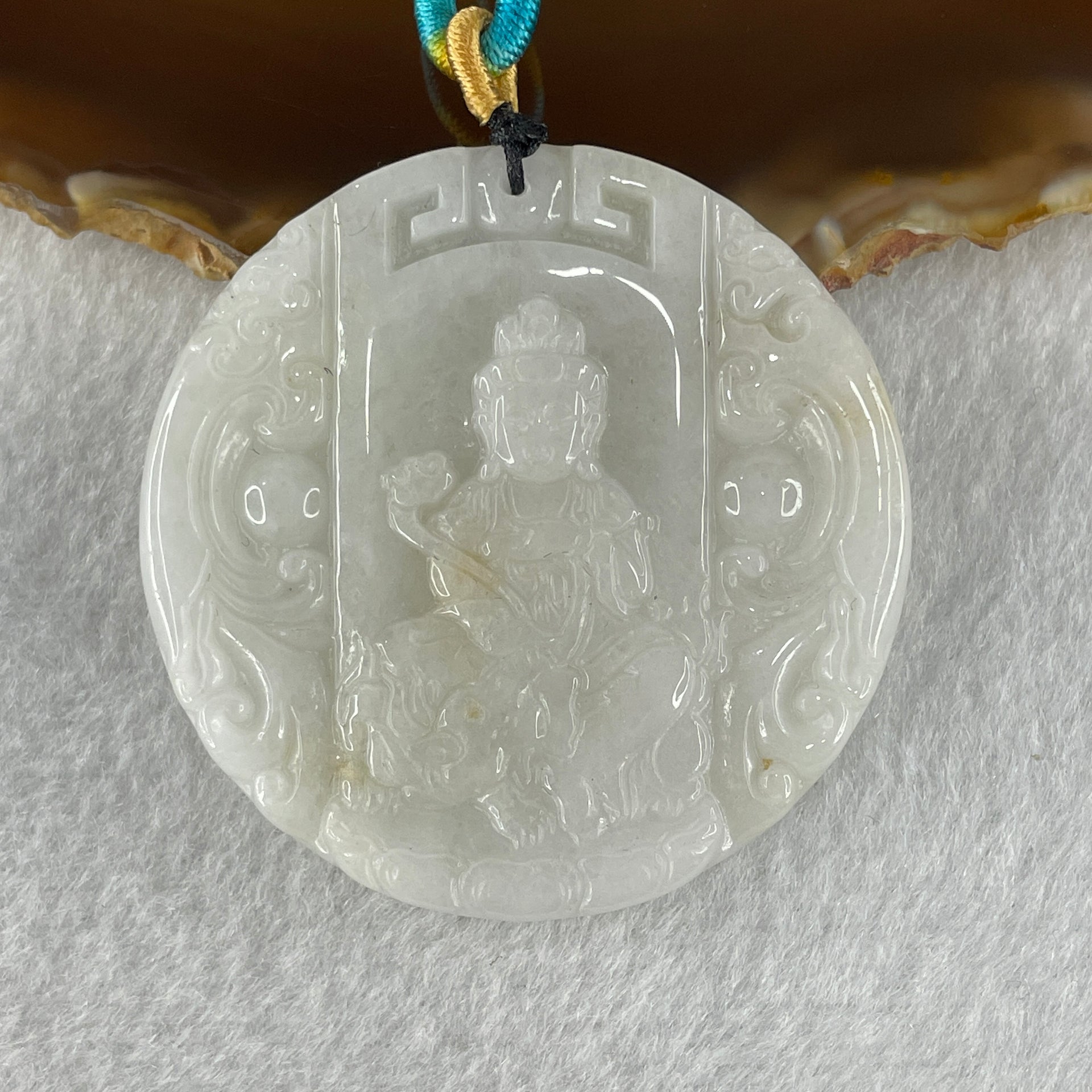 Natural Type A Faint Lavender Faint Green with Red Spots Jadeite Guan Yin Bodhisattva or Siṃhanāda Avalokiteśvara or Guanyin on Lion Roar Pendant 28.42g 51.0 by 5.6mm - Huangs Jadeite and Jewelry Pte Ltd