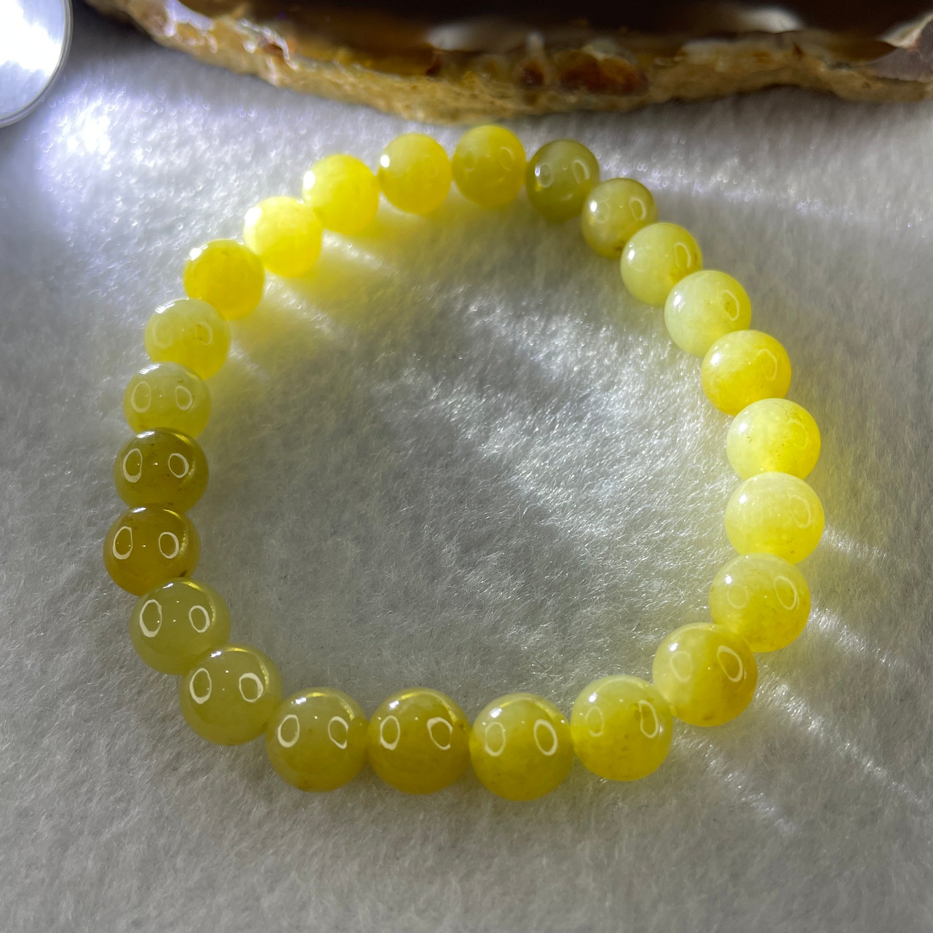High Grade Natural Type A Intense Yellow Jadeite  Beads Bracelet 18.28g 15cm 7.8mm 24 Beads - Huangs Jadeite and Jewelry Pte Ltd