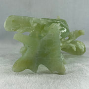 Natural Light Green Serpentine Javan Mynah Twin Birds on Flower Tree with Wooden Stand Display 1,043.4g 115.0 by 125.0 by 210.0mm - Huangs Jadeite and Jewelry Pte Ltd