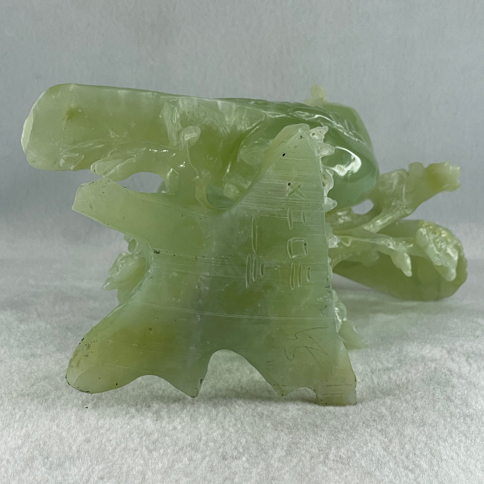 Natural Light Green Serpentine Javan Mynah Twin Birds on Flower Tree with Wooden Stand Display 1,043.4g 115.0 by 125.0 by 210.0mm - Huangs Jadeite and Jewelry Pte Ltd