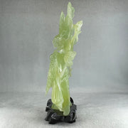 Natural Green Serpentine 3 Magpie Birds on Tree with Wooden Stand Display 939.0g 147.0 by 272.0 by 92.0mm - Huangs Jadeite and Jewelry Pte Ltd