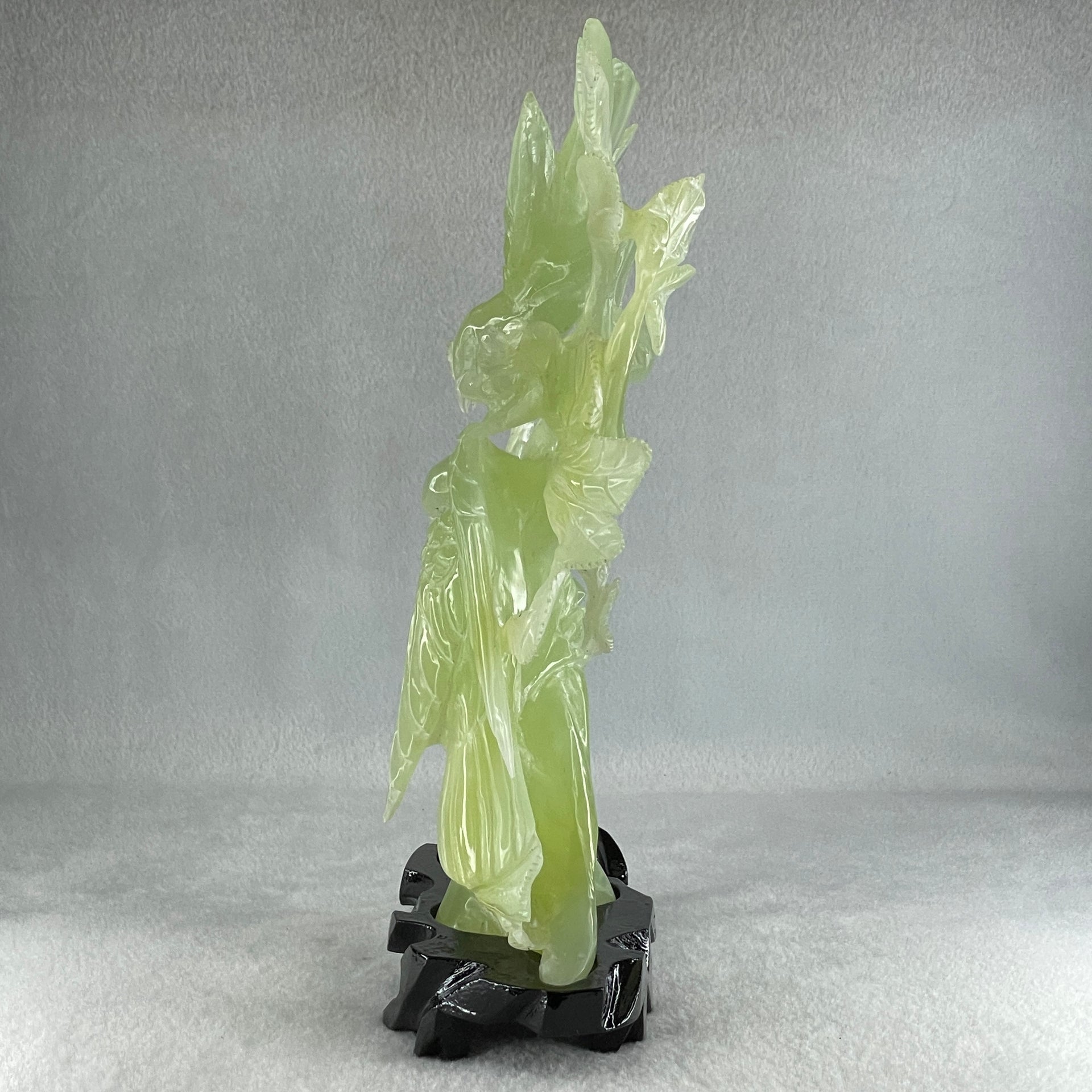 Natural Green Serpentine 3 Magpie Birds on Tree with Wooden Stand Display 939.0g 147.0 by 272.0 by 92.0mm - Huangs Jadeite and Jewelry Pte Ltd