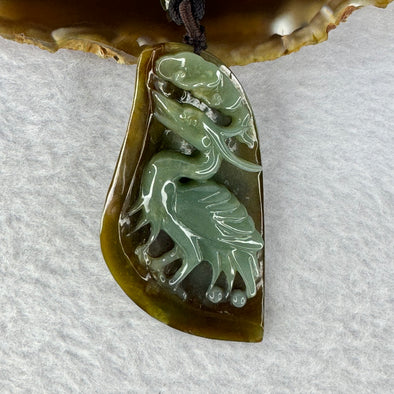 Type A Dark Brown with Blueish Green Jadeite Crane and Ruyi Pendent 34.20g 51.1 by 29.1 by 12.9 mm - Huangs Jadeite and Jewelry Pte Ltd