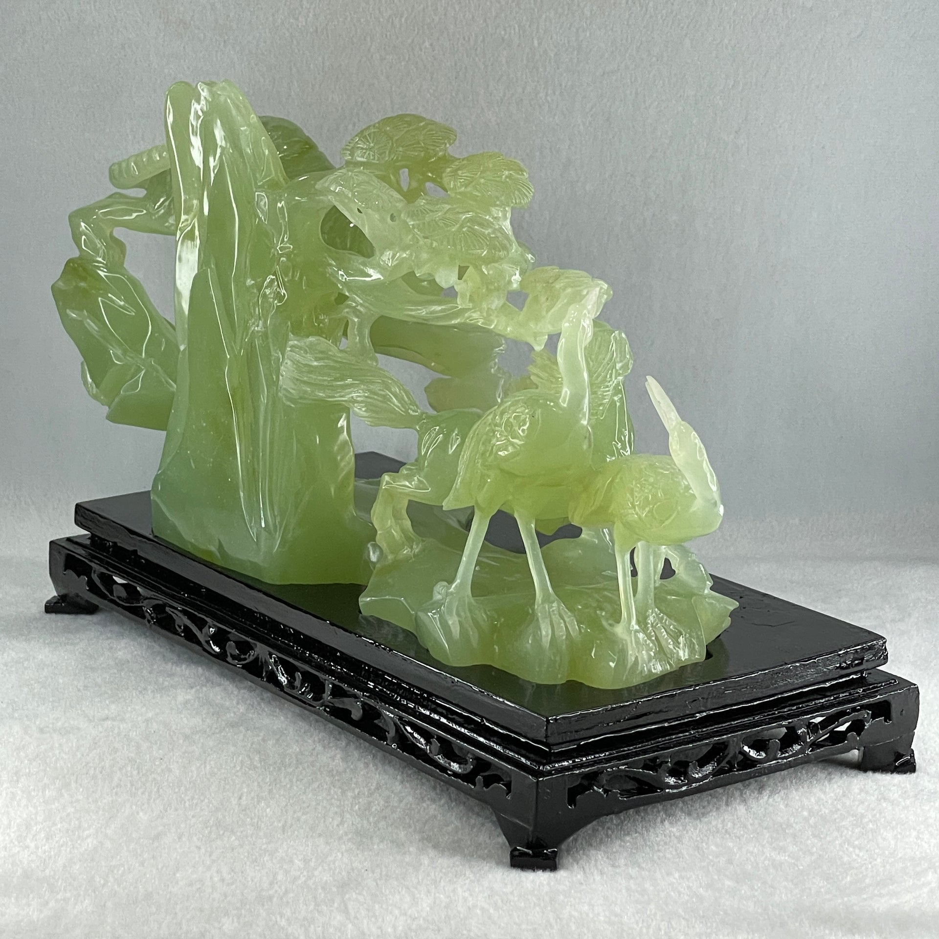 Natural Jelly Green Serpentine Tiger with Double Horse and Twin Flamingo on Shan Shui with Wooden Stand Display 2,362.7g 295.0 by 148.0 by 206.0mm - Huangs Jadeite and Jewelry Pte Ltd