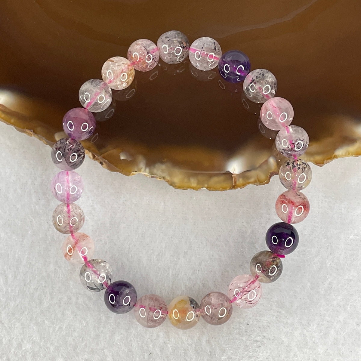 Certified Above Average Grade Natural Super 7 Crystal Beads Bracelet | 7.8mm Sacred 7-Mineral Synergy Power (14.92g | 15cm Petite Wrist Sizing | 24 Beads)