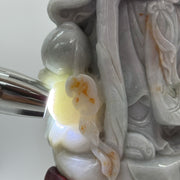 Type A Lavender, Green & Yellow Jade Jadeite Shou Xing Gong with Wooden Stand 财源滚滚 健康长寿 - 3.93kg Dimensions with Stand: 39 by 25 by 15cm Jade Dimensions: 27 by 15 by 7cm - Huangs Jadeite and Jewelry Pte Ltd