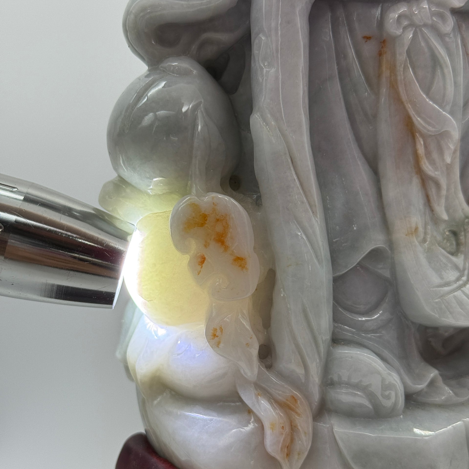 Type A Lavender, Green & Yellow Jade Jadeite Shou Xing Gong with Wooden Stand 财源滚滚 健康长寿 - 3.93kg Dimensions with Stand: 39 by 25 by 15cm Jade Dimensions: 27 by 15 by 7cm - Huangs Jadeite and Jewelry Pte Ltd